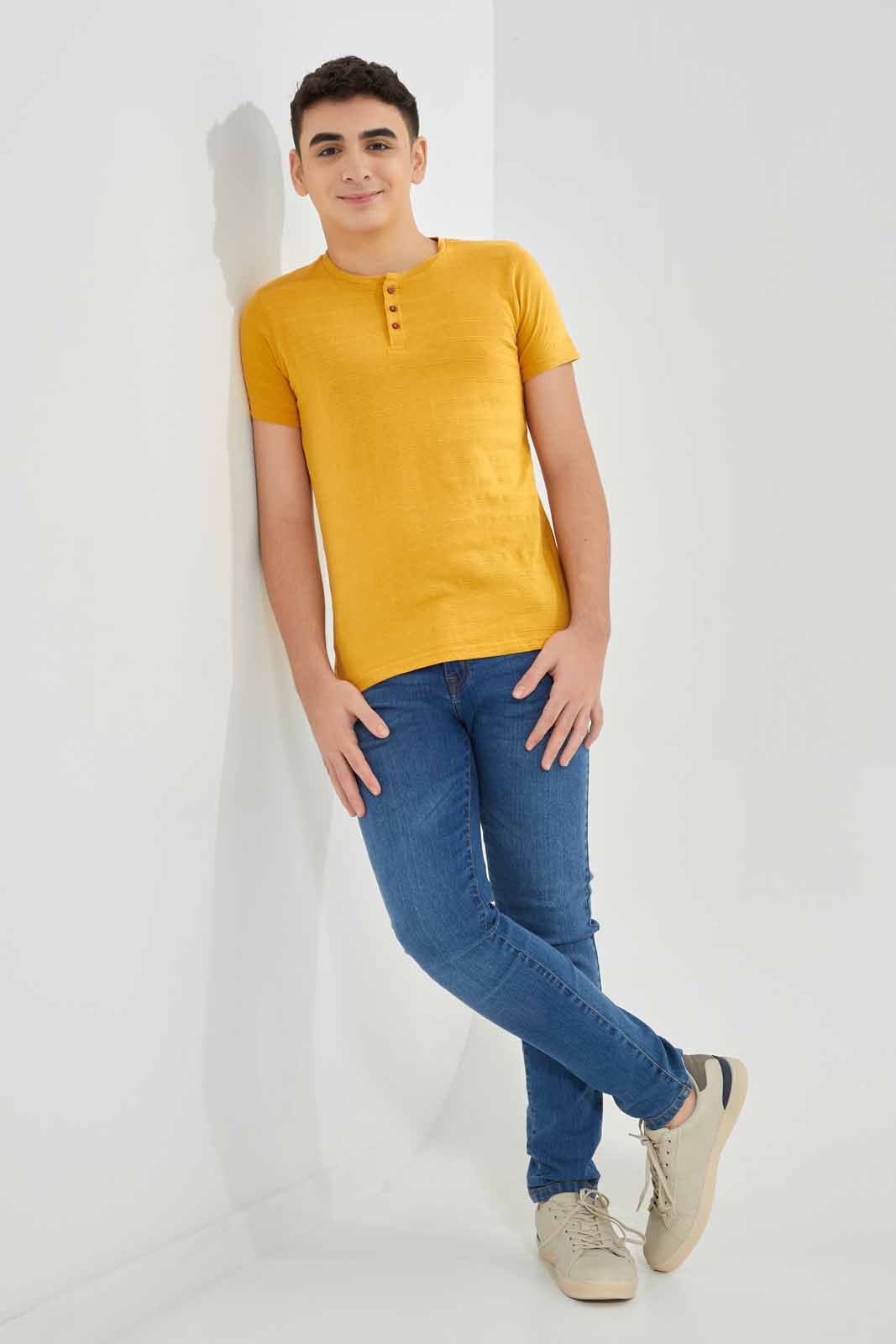 Redtag-Yellow-Jacquard-Heneley-T-Shirt-BSR-T-Shirts,-Category:T-Shirts,-Colour:Yellow,-Deals:New-In,-Filter:Senior-Boys-(8-to-14-Yrs),-New-In-BSR-APL,-Non-Sale,-Section:Boys-(0-to-14Yrs),-TBL,-W22A-Senior-Boys-9 to 14 Years