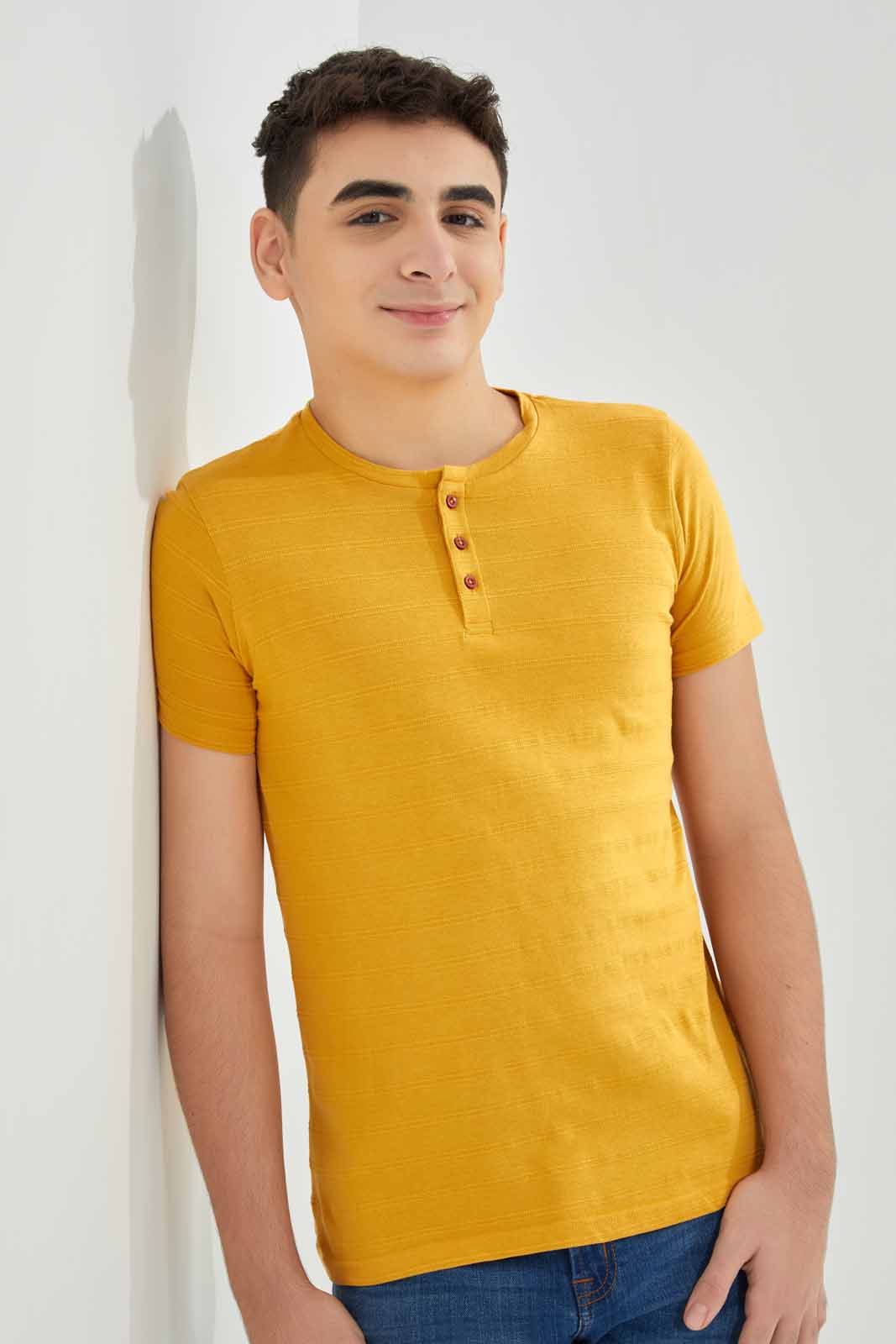 Redtag-Yellow-Jacquard-Heneley-T-Shirt-BSR-T-Shirts,-Category:T-Shirts,-Colour:Yellow,-Deals:New-In,-Filter:Senior-Boys-(8-to-14-Yrs),-New-In-BSR-APL,-Non-Sale,-Section:Boys-(0-to-14Yrs),-TBL,-W22A-Senior-Boys-9 to 14 Years