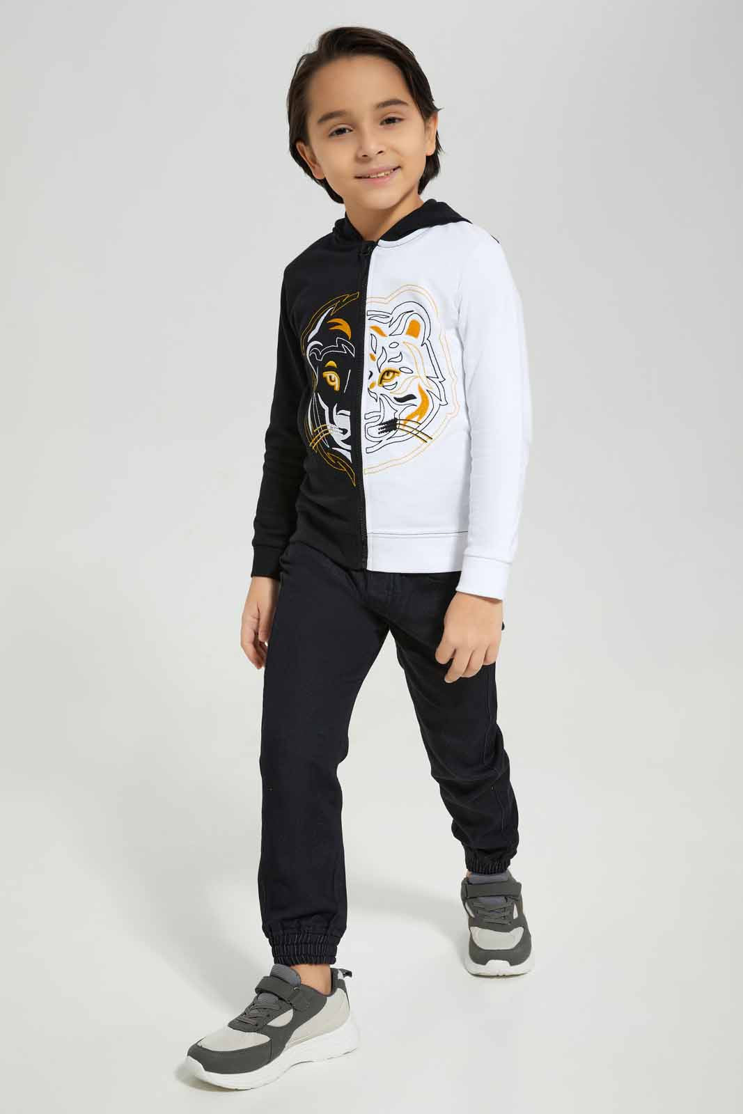 Redtag-Black-/-White-Tiger-Embroidered-Hooded-Zip-Thru-BOY-Sweatshirts,-Category:Sweatshirts,-Colour:Black,-Deals:New-In,-Filter:Boys-(2-to-8-Yrs),-New-In-BOY-APL,-Non-Sale,-Section:Boys-(0-to-14Yrs),-W22B-Boys-2 to 8 Years