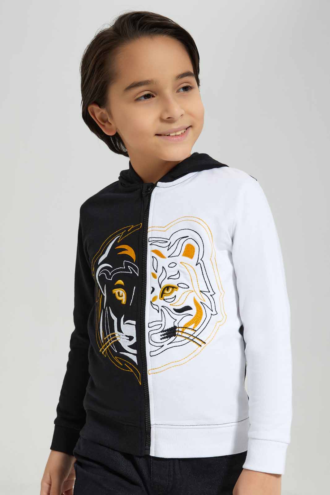 Redtag-Black-/-White-Tiger-Embroidered-Hooded-Zip-Thru-BOY-Sweatshirts,-Category:Sweatshirts,-Colour:Black,-Deals:New-In,-Filter:Boys-(2-to-8-Yrs),-New-In-BOY-APL,-Non-Sale,-Section:Boys-(0-to-14Yrs),-W22B-Boys-2 to 8 Years