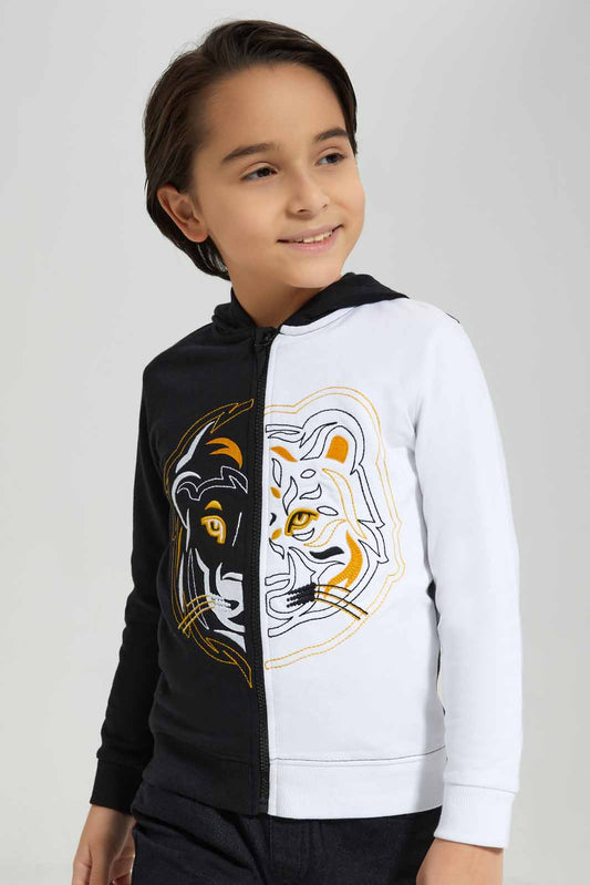 Redtag-Black-/-White-Tiger-Embroidered-Hooded-Zip-Thru-BOY-Sweatshirts,-Category:Sweatshirts,-Colour:Black,-Deals:New-In,-Filter:Boys-(2-to-8-Yrs),-New-In-BOY-APL,-Non-Sale,-Section:Boys-(0-to-14Yrs),-W22B-Boys-2 to 8 Years