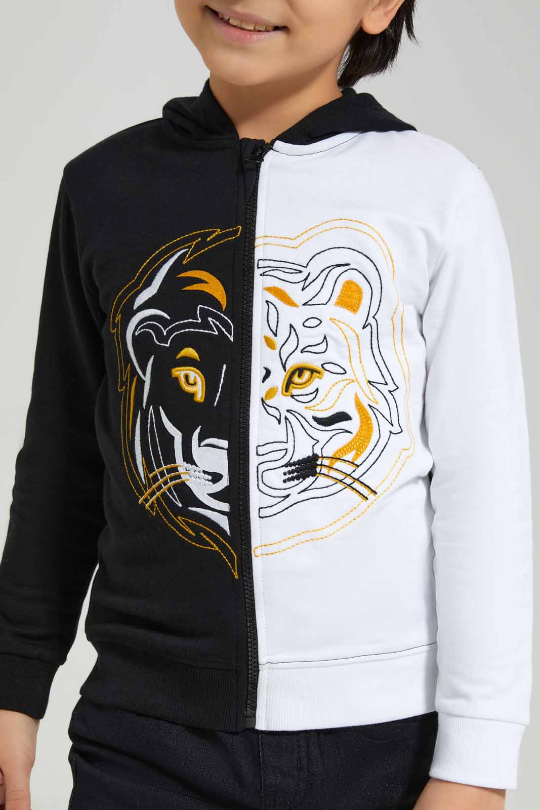Redtag-Black-/-White-Tiger-Embroidered-Hooded-Zip-Thru-BOY-Sweatshirts,-Category:Sweatshirts,-Colour:Black,-Deals:New-In,-Filter:Boys-(2-to-8-Yrs),-New-In-BOY-APL,-Non-Sale,-Section:Boys-(0-to-14Yrs),-W22B-Boys-2 to 8 Years
