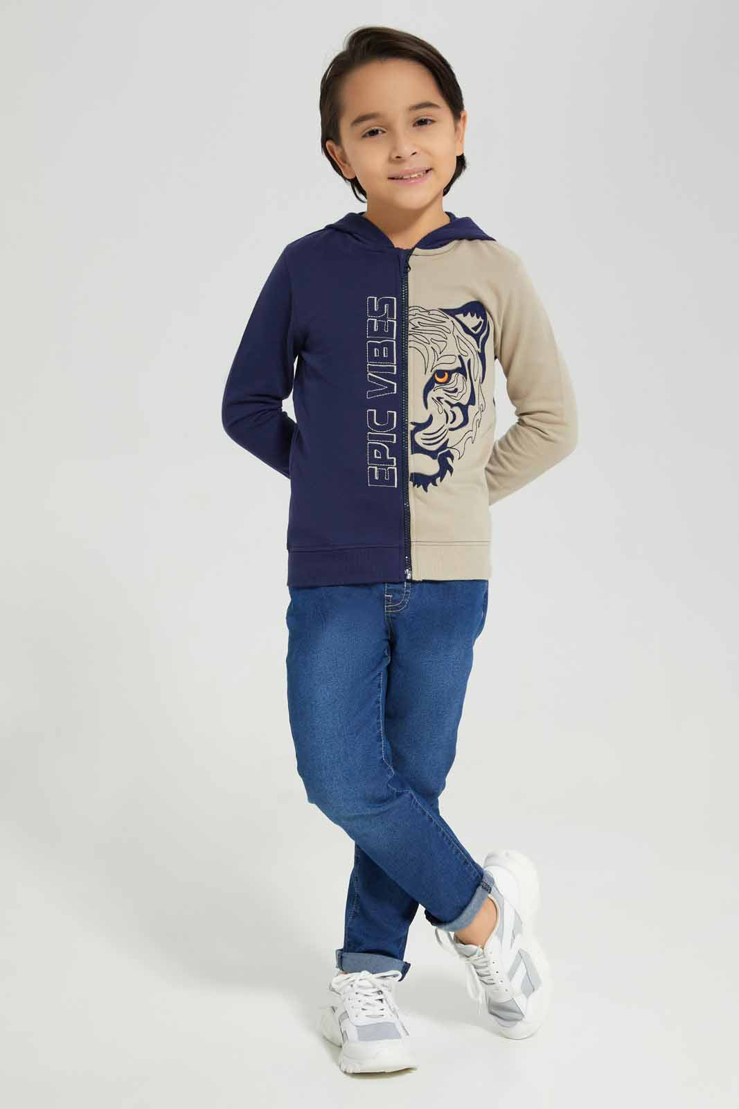 Redtag-Navy-/-Beige-Tiger-Embroidered-Hooded-Zip-Thru-BOY-Sweatshirts,-Category:Sweatshirts,-Colour:Navy,-Deals:New-In,-Filter:Boys-(2-to-8-Yrs),-New-In-BOY-APL,-Non-Sale,-Section:Boys-(0-to-14Yrs),-W22B-Boys-2 to 8 Years