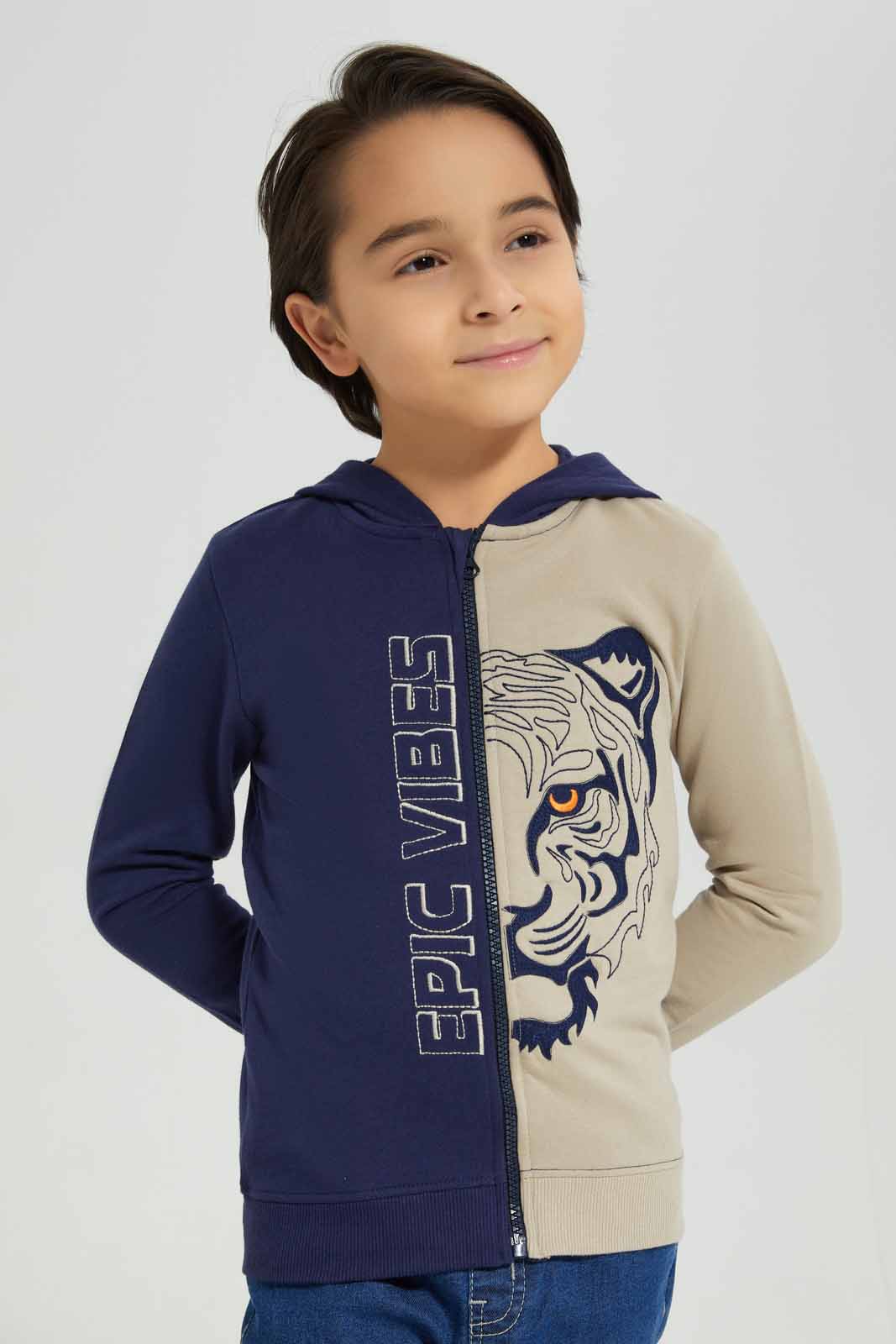 Redtag-Navy-/-Beige-Tiger-Embroidered-Hooded-Zip-Thru-BOY-Sweatshirts,-Category:Sweatshirts,-Colour:Navy,-Deals:New-In,-Filter:Boys-(2-to-8-Yrs),-New-In-BOY-APL,-Non-Sale,-Section:Boys-(0-to-14Yrs),-W22B-Boys-2 to 8 Years