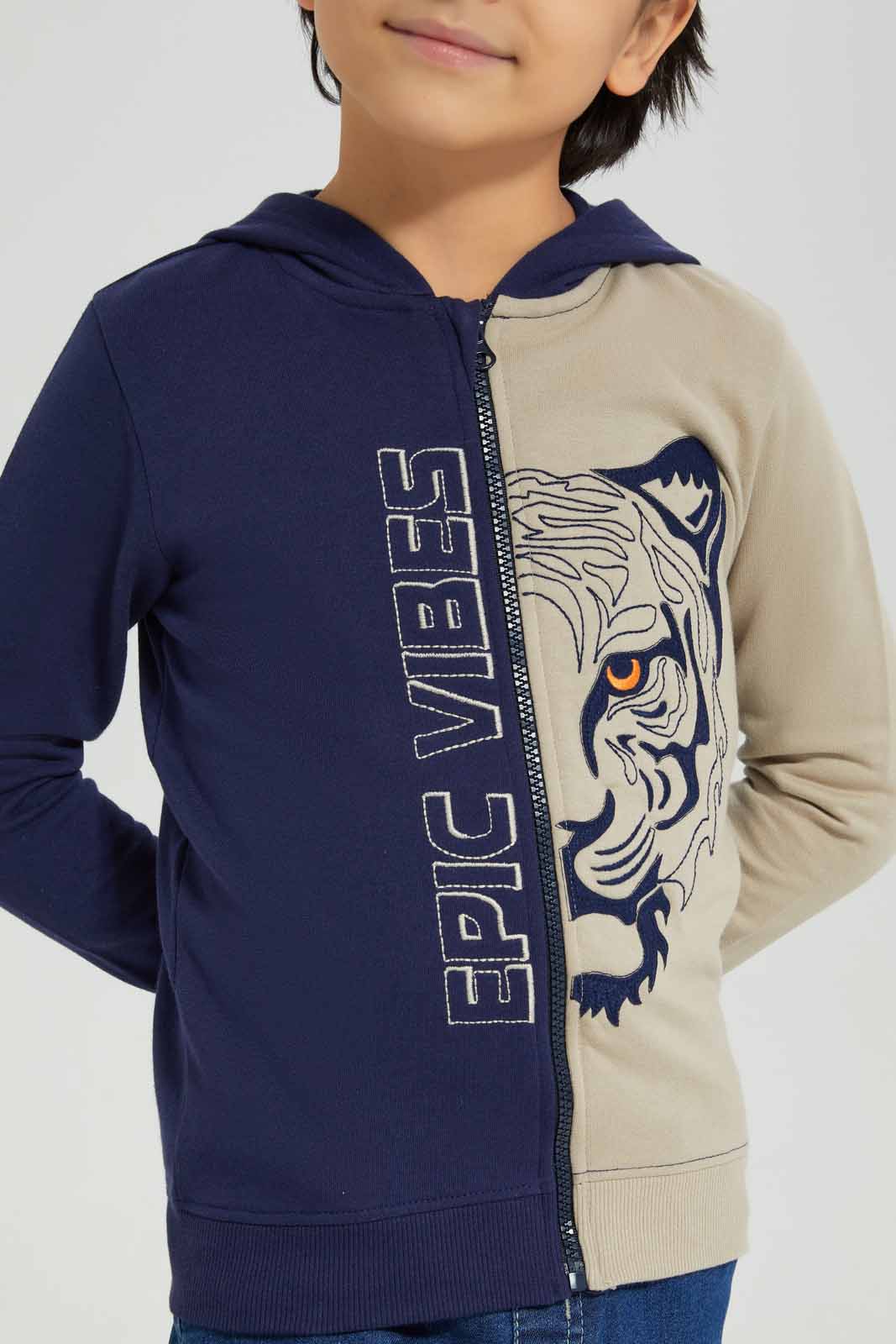 Redtag-Navy-/-Beige-Tiger-Embroidered-Hooded-Zip-Thru-BOY-Sweatshirts,-Category:Sweatshirts,-Colour:Navy,-Deals:New-In,-Filter:Boys-(2-to-8-Yrs),-New-In-BOY-APL,-Non-Sale,-Section:Boys-(0-to-14Yrs),-W22B-Boys-2 to 8 Years