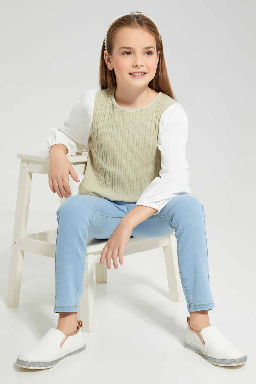 Redtag-Green-&-white-2-piece-long-blouse-Category:Blouses,-Colour:Green,-Deals:New-In,-Filter:Girls-(2-to-8-Yrs),-GIR-Blouses,-New-In-GIR-APL,-Non-Sale,-Section:Girls-(0-to-14Yrs),-W22B-Girls-2 to 8 Years