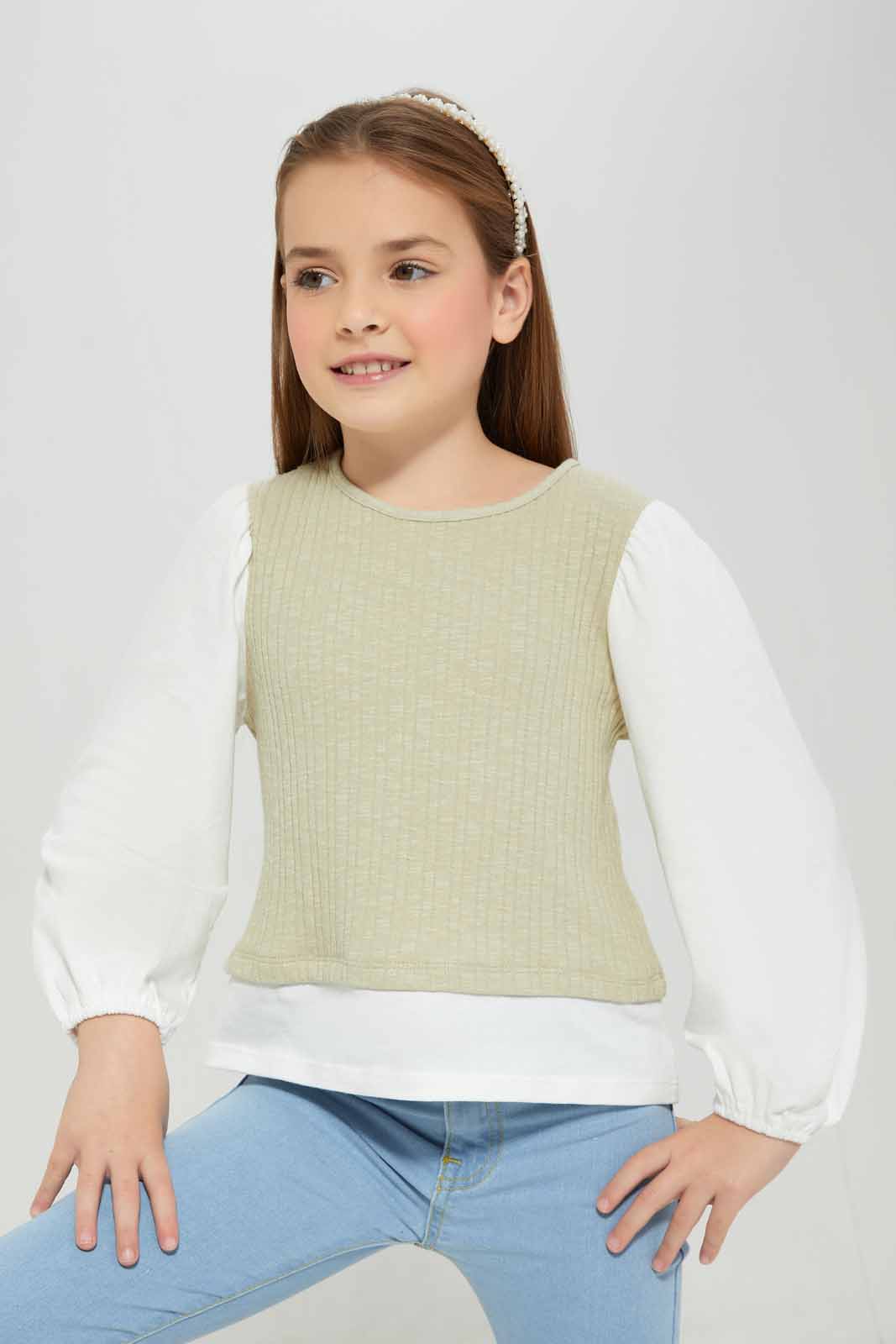 Redtag-Green-&-white-2-piece-long-blouse-Category:Blouses,-Colour:Green,-Deals:New-In,-Filter:Girls-(2-to-8-Yrs),-GIR-Blouses,-New-In-GIR-APL,-Non-Sale,-Section:Girls-(0-to-14Yrs),-W22B-Girls-2 to 8 Years