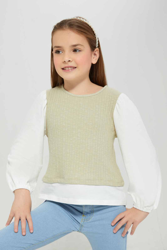 Redtag-Green-&-white-2-piece-long-blouse-Category:Blouses,-Colour:Green,-Deals:New-In,-Filter:Girls-(2-to-8-Yrs),-GIR-Blouses,-New-In-GIR-APL,-Non-Sale,-Section:Girls-(0-to-14Yrs),-W22B-Girls-2 to 8 Years