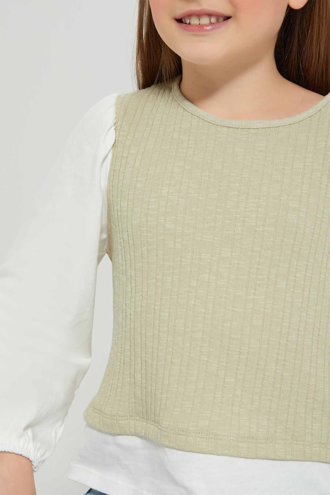 Redtag-Green-&-white-2-piece-long-blouse-Category:Blouses,-Colour:Green,-Deals:New-In,-Filter:Girls-(2-to-8-Yrs),-GIR-Blouses,-New-In-GIR-APL,-Non-Sale,-Section:Girls-(0-to-14Yrs),-W22B-Girls-2 to 8 Years