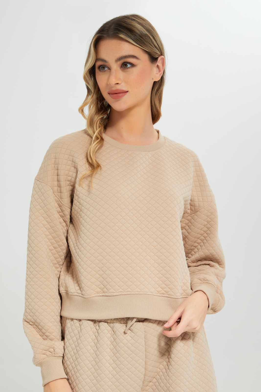 Redtag-Tan-Jacquard-Cropped-Sweatshirt-Category:Sweatshirts,-Colour:Tan,-Deals:New-In,-Filter:Women's-Clothing,-New-In-Women-APL,-Non-Sale,-Section:Women,-W22B,-Women-Sweatshirts-Women's-