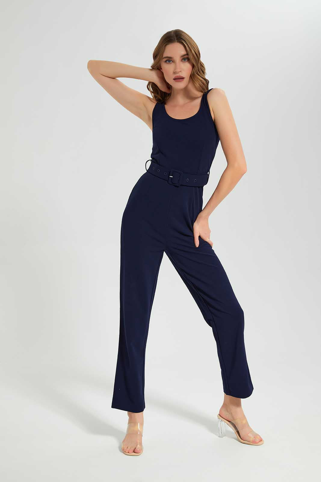 Redtag-Navy-Sleeveless-Buckle-Detail-Jumpsuit-Category:Dresses,-Colour:Navy,-Deals:New-In,-Filter:Women's-Clothing,-LEC,-LEC-Dresses,-New-In-LEC-APL,-Non-Sale,-Section:Women,-W22B-Women's-