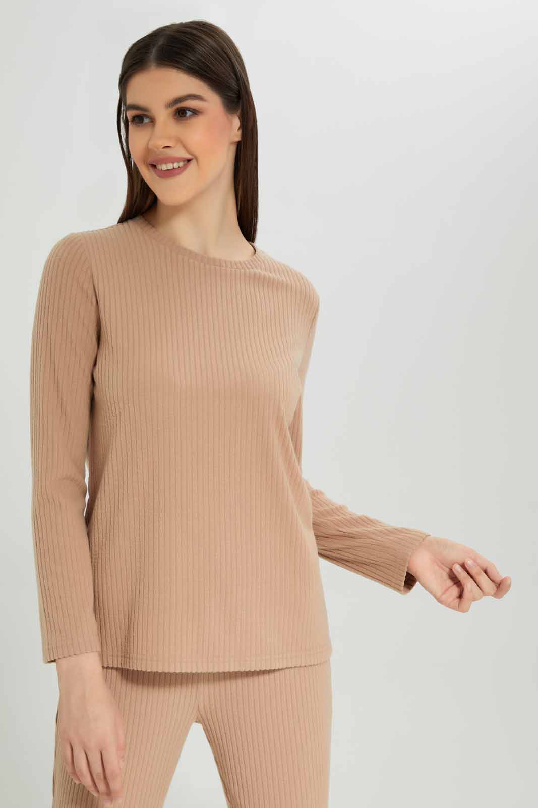 Redtag-Beige-Ribbed-Crew-Neck-Lounge-Sweatshirt-Category:Sweatshirts,-Colour:Beige,-Deals:New-In,-Filter:Women's-Clothing,-New-In-Women-APL,-Non-Sale,-Section:Women,-W22B,-Women-Loungewear-Sweatshirts,-Women-Sweatshirts-Women's-