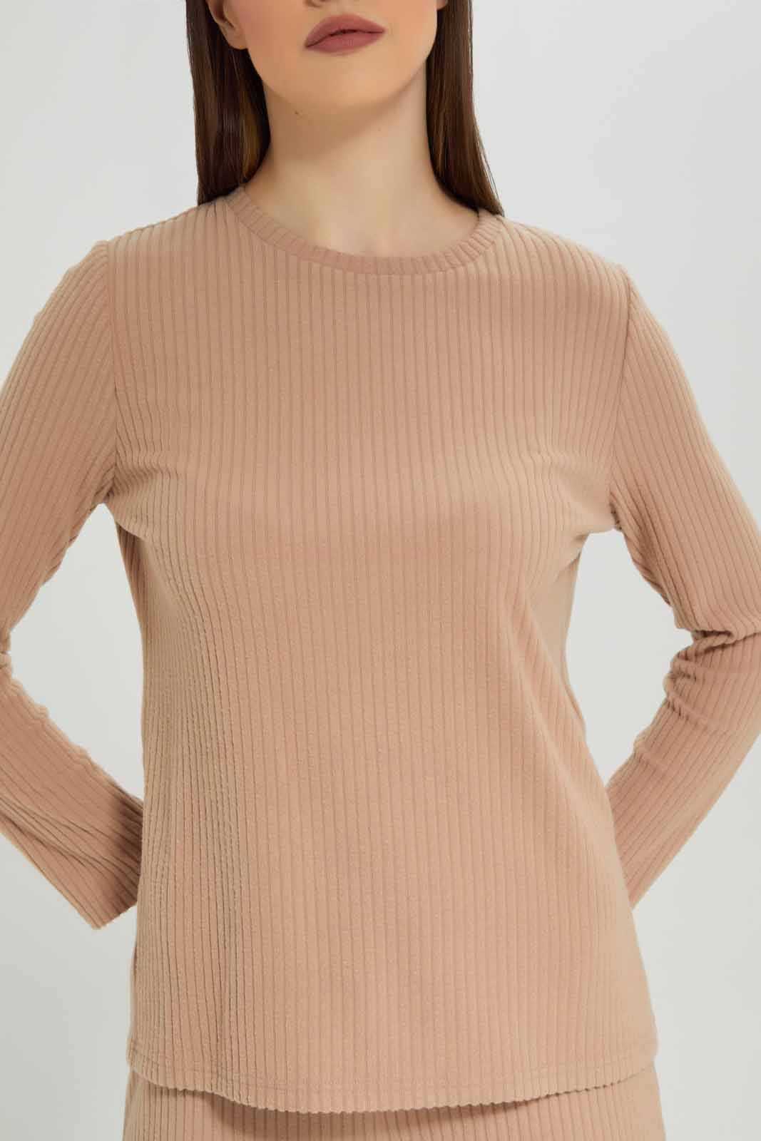 Redtag-Beige-Ribbed-Crew-Neck-Lounge-Sweatshirt-Category:Sweatshirts,-Colour:Beige,-Deals:New-In,-Filter:Women's-Clothing,-New-In-Women-APL,-Non-Sale,-Section:Women,-W22B,-Women-Loungewear-Sweatshirts,-Women-Sweatshirts-Women's-
