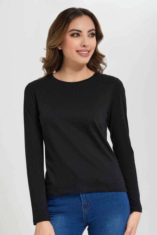 Redtag-Black-Plain-Crew-Neck-Long-Sleeve-T-Shirt-Category:T-Shirts,-Colour:Black,-Deals:New-In,-Filter:Women's-Clothing,-New-In-Women-APL,-Non-Sale,-Section:Women,-TBL,-W22B,-Women-T-Shirts-Women's-