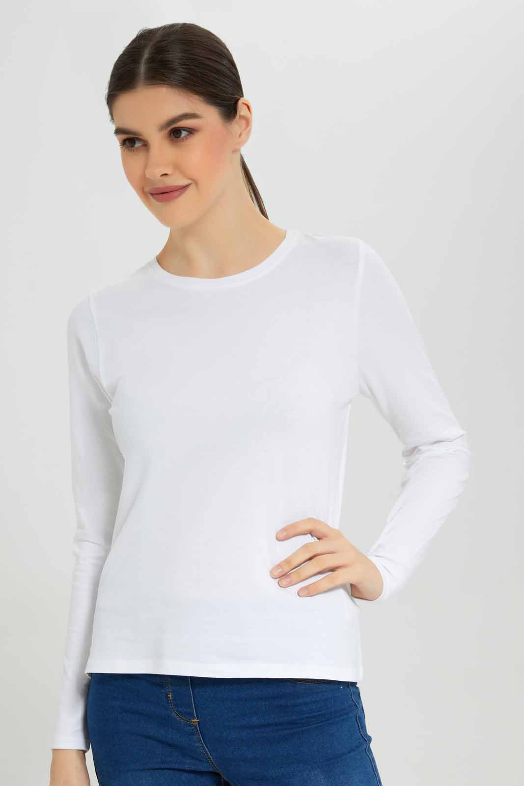 Redtag-White-Plain-Crew-Neck-Long-Sleeve-T-Shirt-Category:T-Shirts,-Colour:White,-Deals:New-In,-Filter:Women's-Clothing,-New-In-Women-APL,-Non-Sale,-Section:Women,-TBL,-W22B,-Women-T-Shirts-Women's-