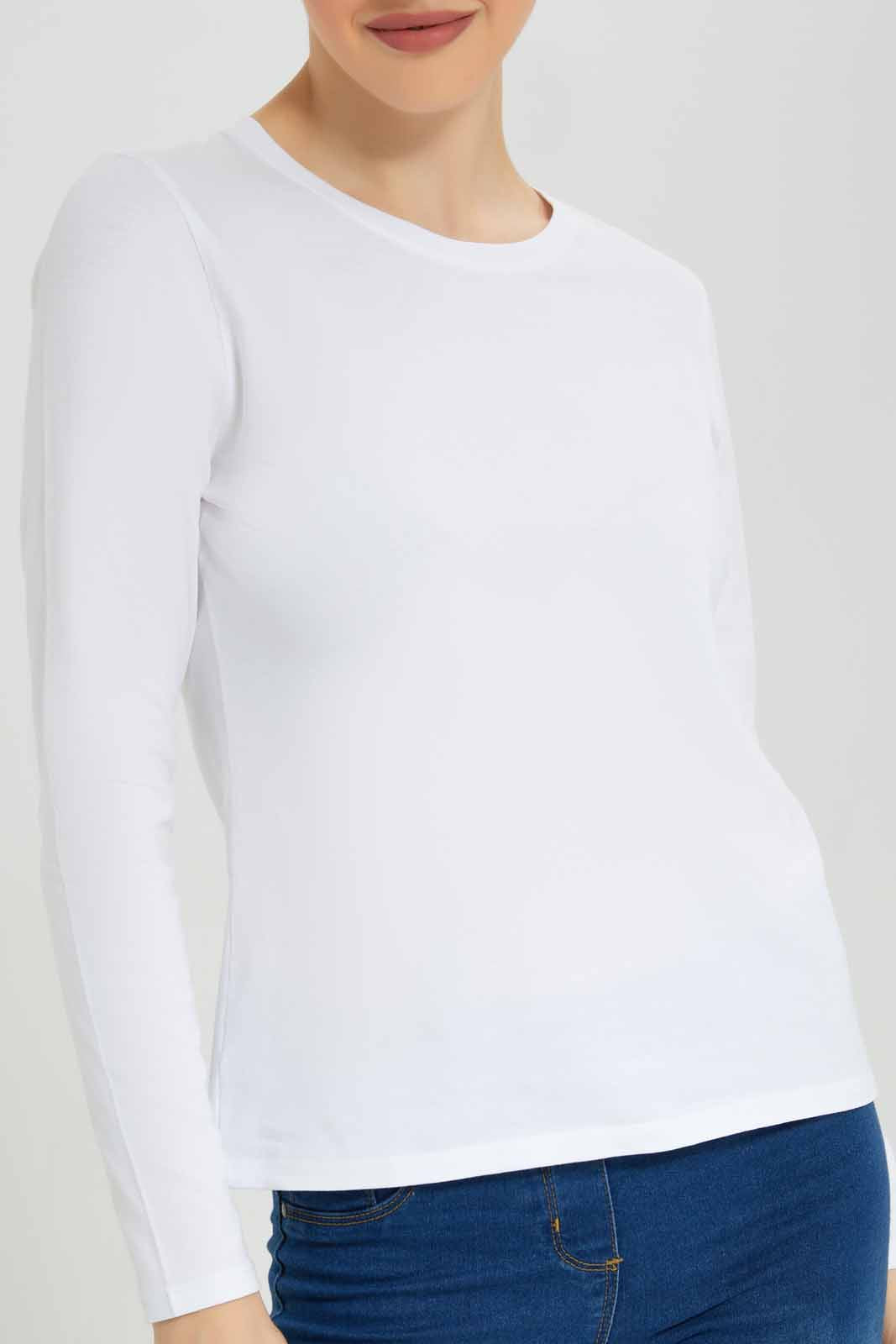 Redtag-White-Plain-Crew-Neck-Long-Sleeve-T-Shirt-Category:T-Shirts,-Colour:White,-Deals:New-In,-Filter:Women's-Clothing,-New-In-Women-APL,-Non-Sale,-Section:Women,-TBL,-W22B,-Women-T-Shirts-Women's-