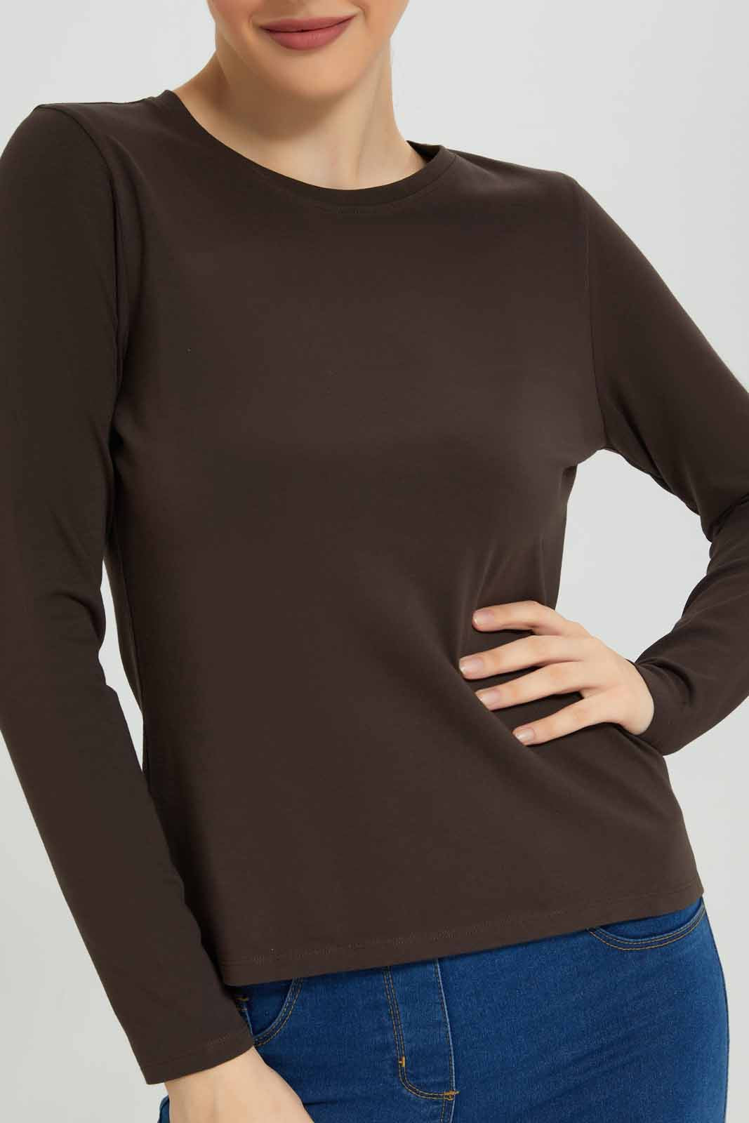 Redtag-Brown-Plain-Crew-Neck-Long-Sleeve-T-Shirt-Category:T-Shirts,-Colour:Brown,-Deals:New-In,-Dept:Ladieswear,-Filter:Women's-Clothing,-New-In-Women-APL,-Non-Sale,-Section:Women,-TBL,-W22B,-Women-T-Shirts-Women's-