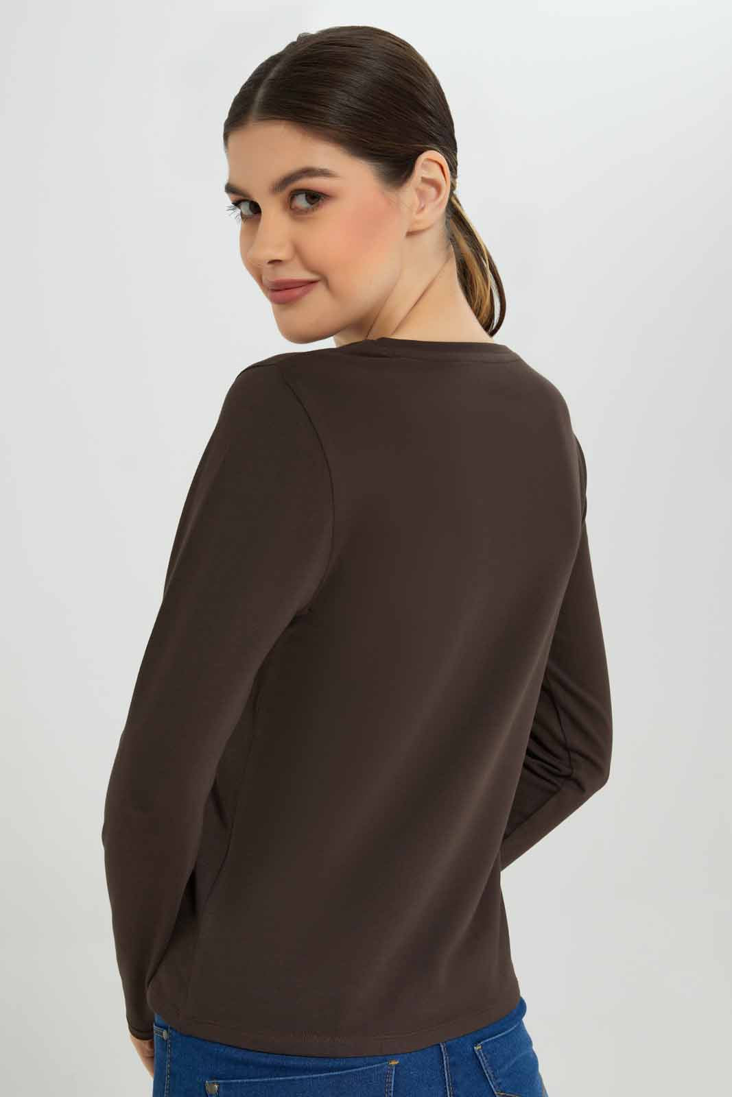 Redtag-Brown-Plain-Crew-Neck-Long-Sleeve-T-Shirt-Category:T-Shirts,-Colour:Brown,-Deals:New-In,-Dept:Ladieswear,-Filter:Women's-Clothing,-New-In-Women-APL,-Non-Sale,-Section:Women,-TBL,-W22B,-Women-T-Shirts-Women's-