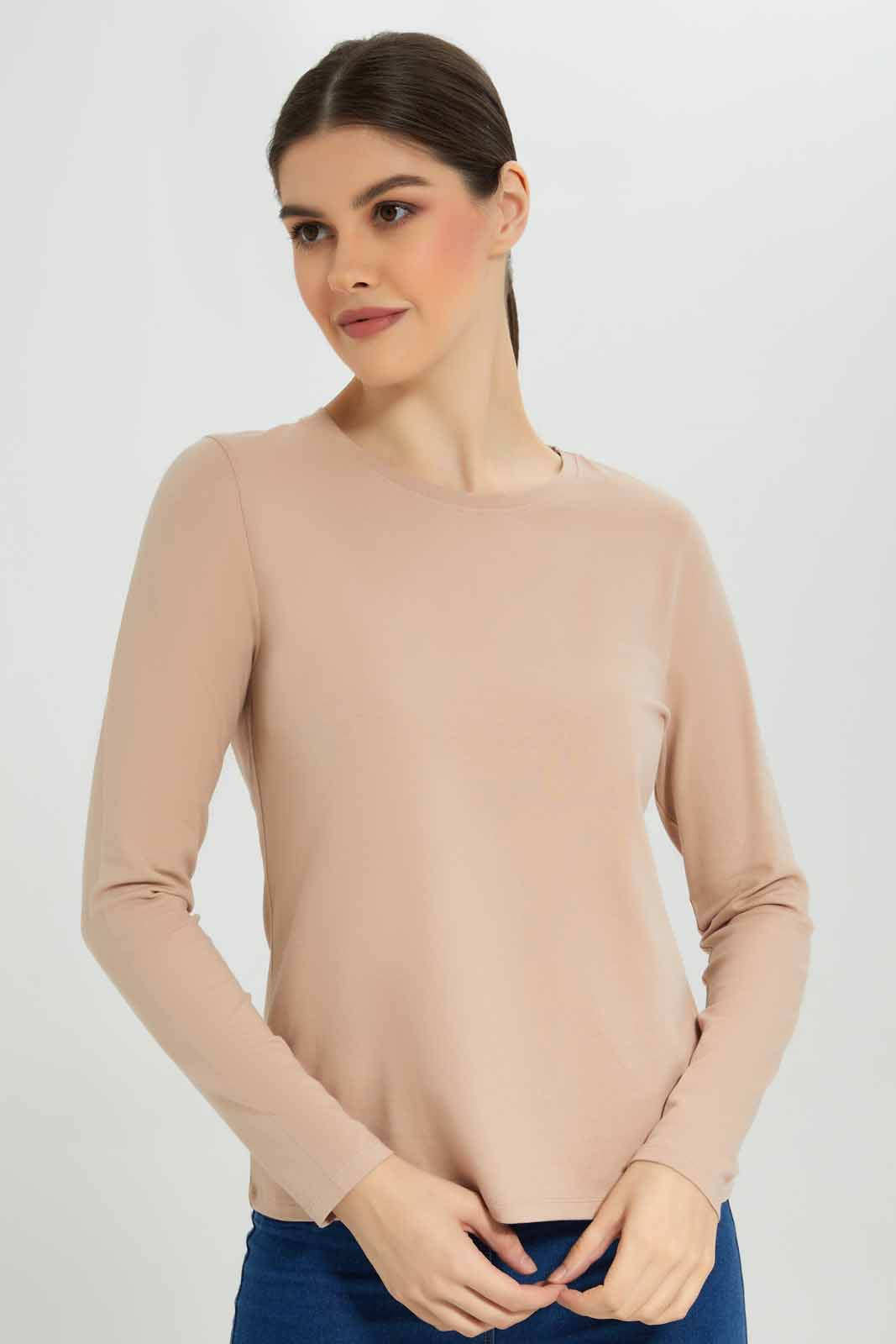 Redtag-White-Plain-Crew-Neck-Long-Sleeve-T-Shirt-Category:T-Shirts,-Colour:Beige,-Deals:New-In,-Dept:Ladieswear,-Filter:Women's-Clothing,-New-In-Women-APL,-Non-Sale,-Section:Women,-TBL,-W22B,-Women-T-Shirts-Women's-