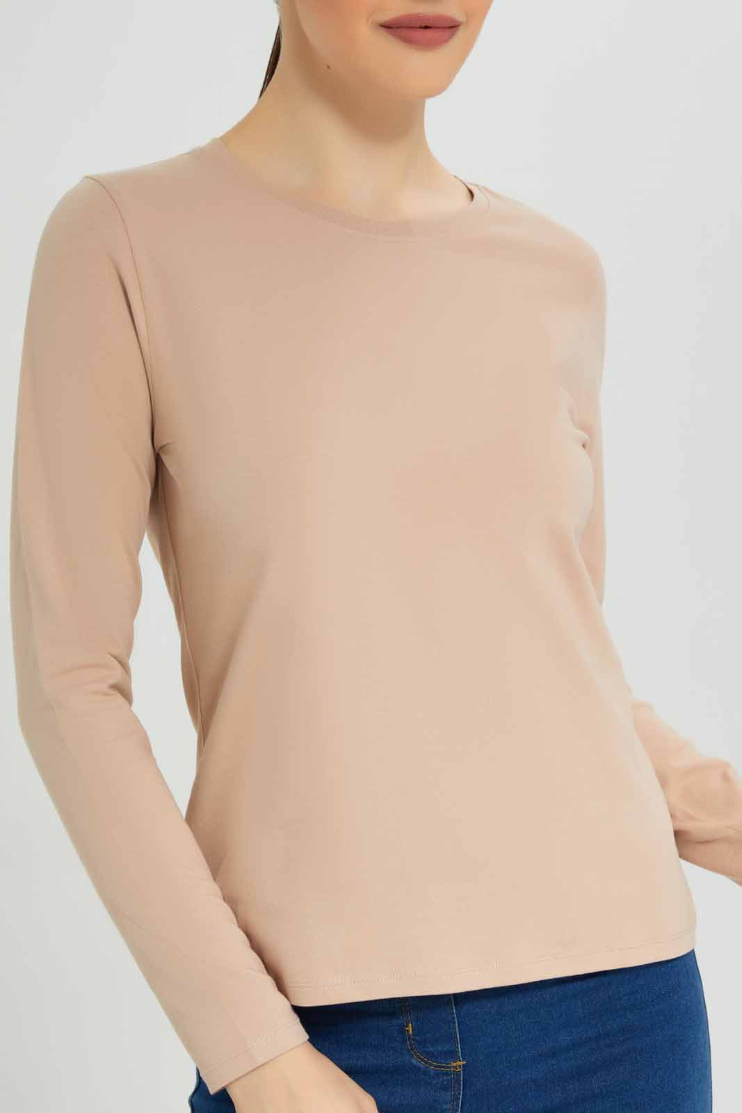 Redtag-White-Plain-Crew-Neck-Long-Sleeve-T-Shirt-Category:T-Shirts,-Colour:Beige,-Deals:New-In,-Dept:Ladieswear,-Filter:Women's-Clothing,-New-In-Women-APL,-Non-Sale,-Section:Women,-TBL,-W22B,-Women-T-Shirts-Women's-