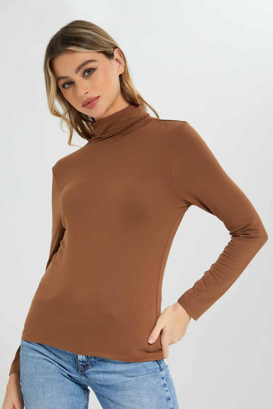 Redtag-Brown-Long-Sleeve-Turtle-Neck-T-Shirt-Category:T-Shirts,-Colour:Brown,-Deals:New-In,-Dept:Ladieswear,-Filter:Women's-Clothing,-New-In-Women-APL,-Non-Sale,-Section:Women,-TBL,-W22B,-Women-T-Shirts-Women's-