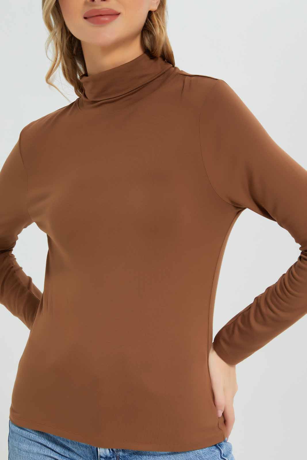 Redtag-Brown-Long-Sleeve-Turtle-Neck-T-Shirt-Category:T-Shirts,-Colour:Brown,-Deals:New-In,-Dept:Ladieswear,-Filter:Women's-Clothing,-New-In-Women-APL,-Non-Sale,-Section:Women,-TBL,-W22B,-Women-T-Shirts-Women's-