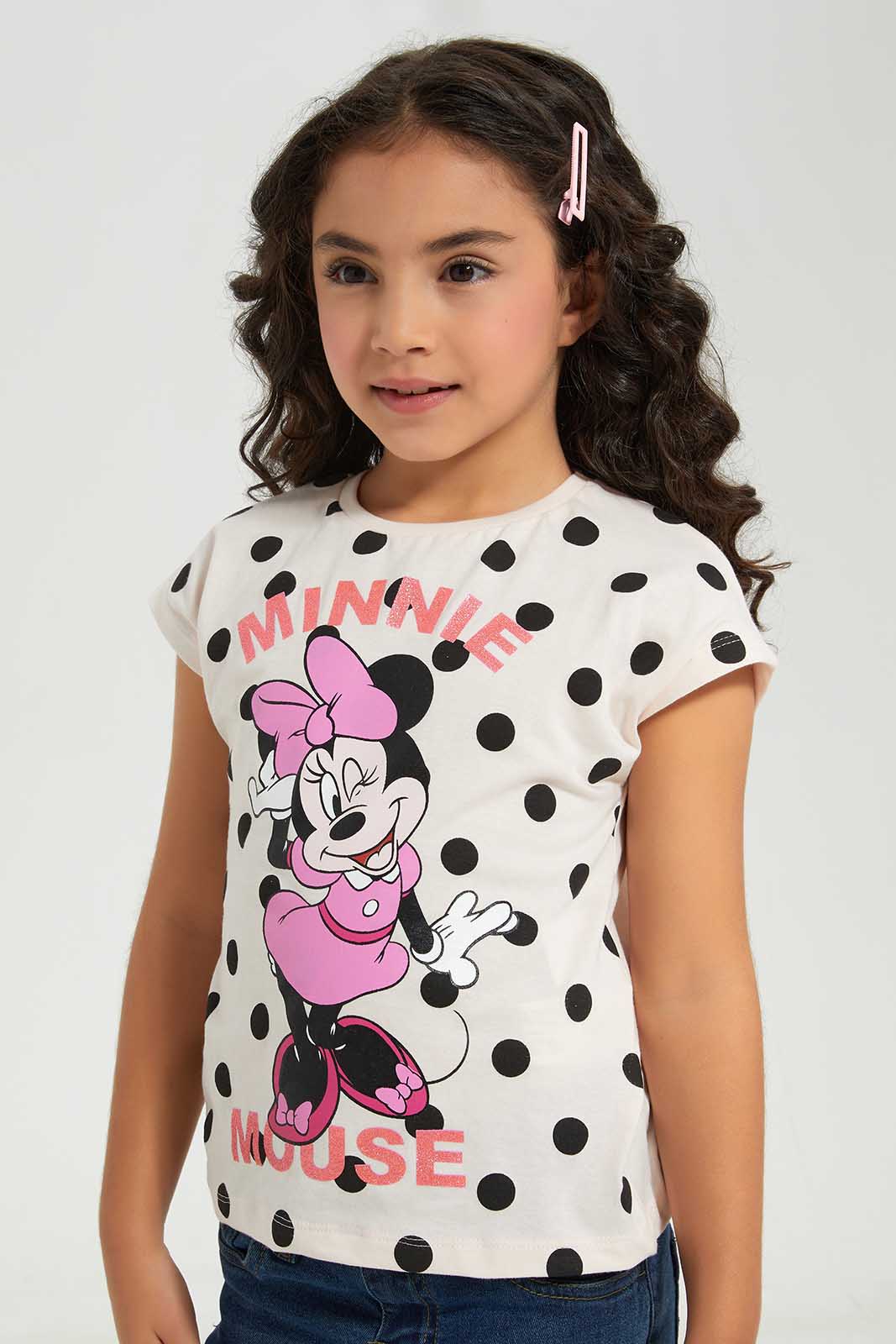 Redtag-PALE-PINK-LICENSE-TEE--MINNIE-SPOT-Bundle,-Category:T-Shirts,-Colour:Apricot,-Deals:4-For-90,-Deals:New-In,-Filter:Girls-(2-to-8-Yrs),-GIR-T-Shirts,-New-In-GIR-APL,-Section:Girls-(0-to-14Yrs),-W22A-Girls-2 to 8 Years