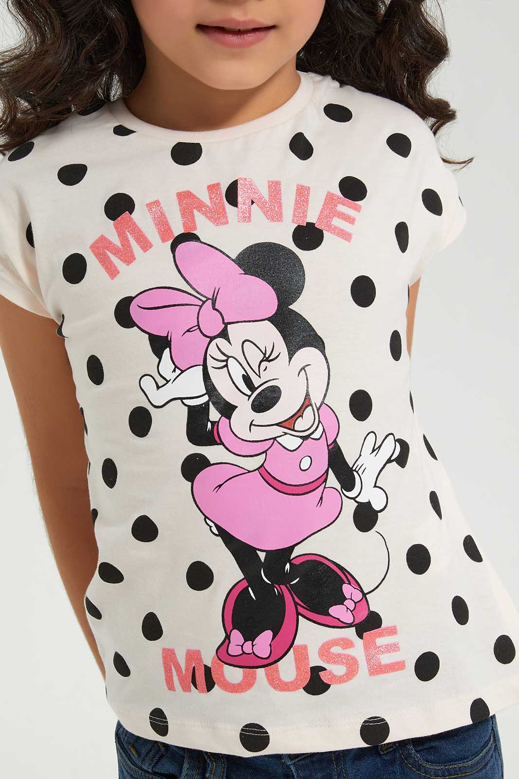 Redtag-PALE-PINK-LICENSE-TEE--MINNIE-SPOT-Bundle,-Category:T-Shirts,-Colour:Apricot,-Deals:4-For-90,-Deals:New-In,-Filter:Girls-(2-to-8-Yrs),-GIR-T-Shirts,-New-In-GIR-APL,-Section:Girls-(0-to-14Yrs),-W22A-Girls-2 to 8 Years