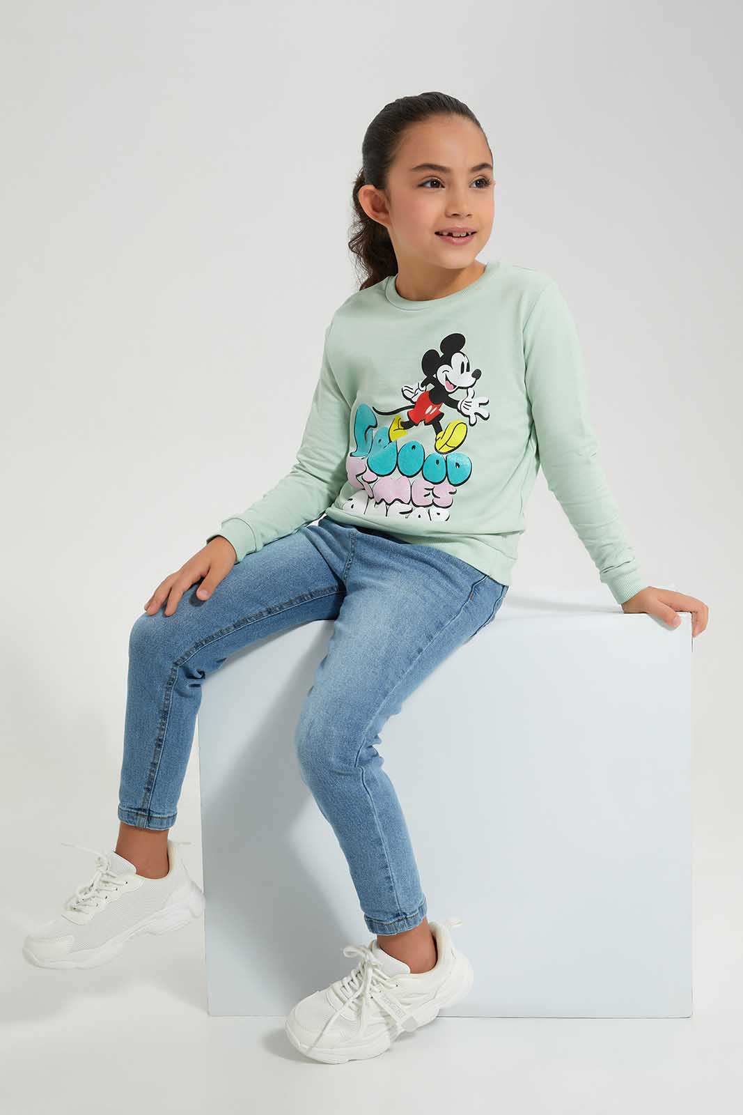 Redtag-GREEN-LICENSE-ACTIVE-TOP--MICKEY-&-FRIENDS-Bundle,-Category:Sweatshirts,-CHR,-Colour:Green,-Deals:3-For-90,-Deals:New-In,-Filter:Girls-(2-to-8-Yrs),-GIR-Sweatshirts,-New-In-GIR-APL,-Section:Girls-(0-to-14Yrs),-W22A-Girls-2 to 8 Years