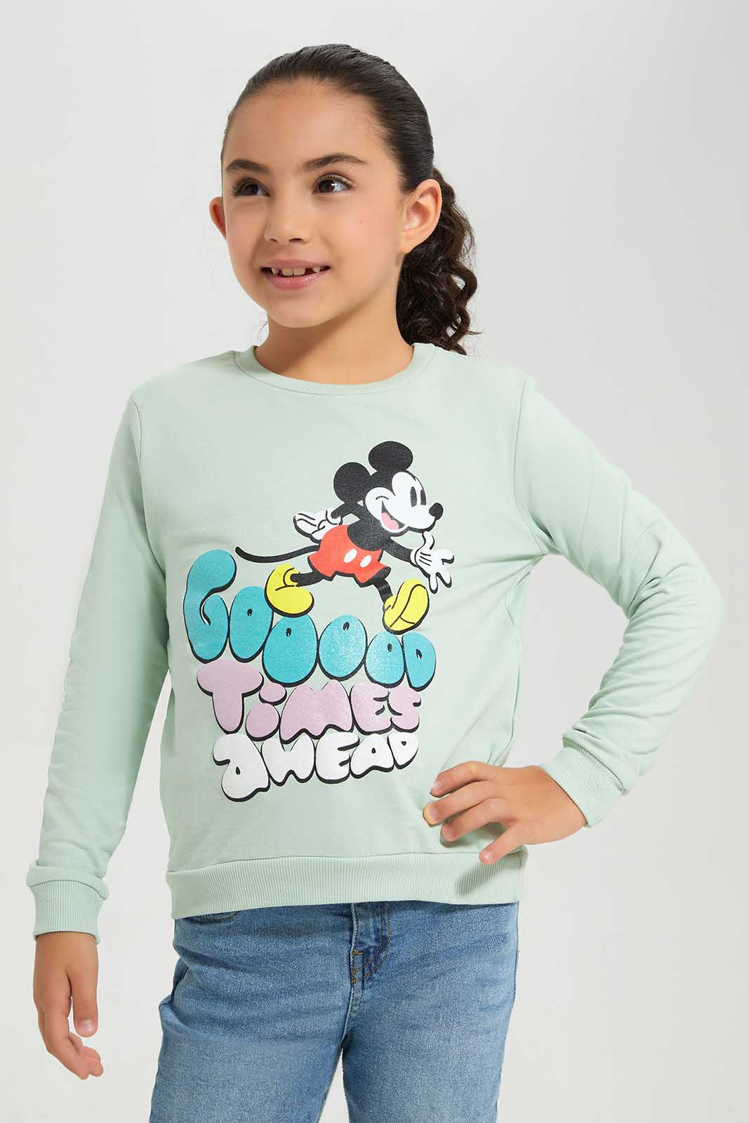 Redtag-GREEN-LICENSE-ACTIVE-TOP--MICKEY-&-FRIENDS-Bundle,-Category:Sweatshirts,-CHR,-Colour:Green,-Deals:3-For-90,-Deals:New-In,-Filter:Girls-(2-to-8-Yrs),-GIR-Sweatshirts,-New-In-GIR-APL,-Section:Girls-(0-to-14Yrs),-W22A-Girls-2 to 8 Years