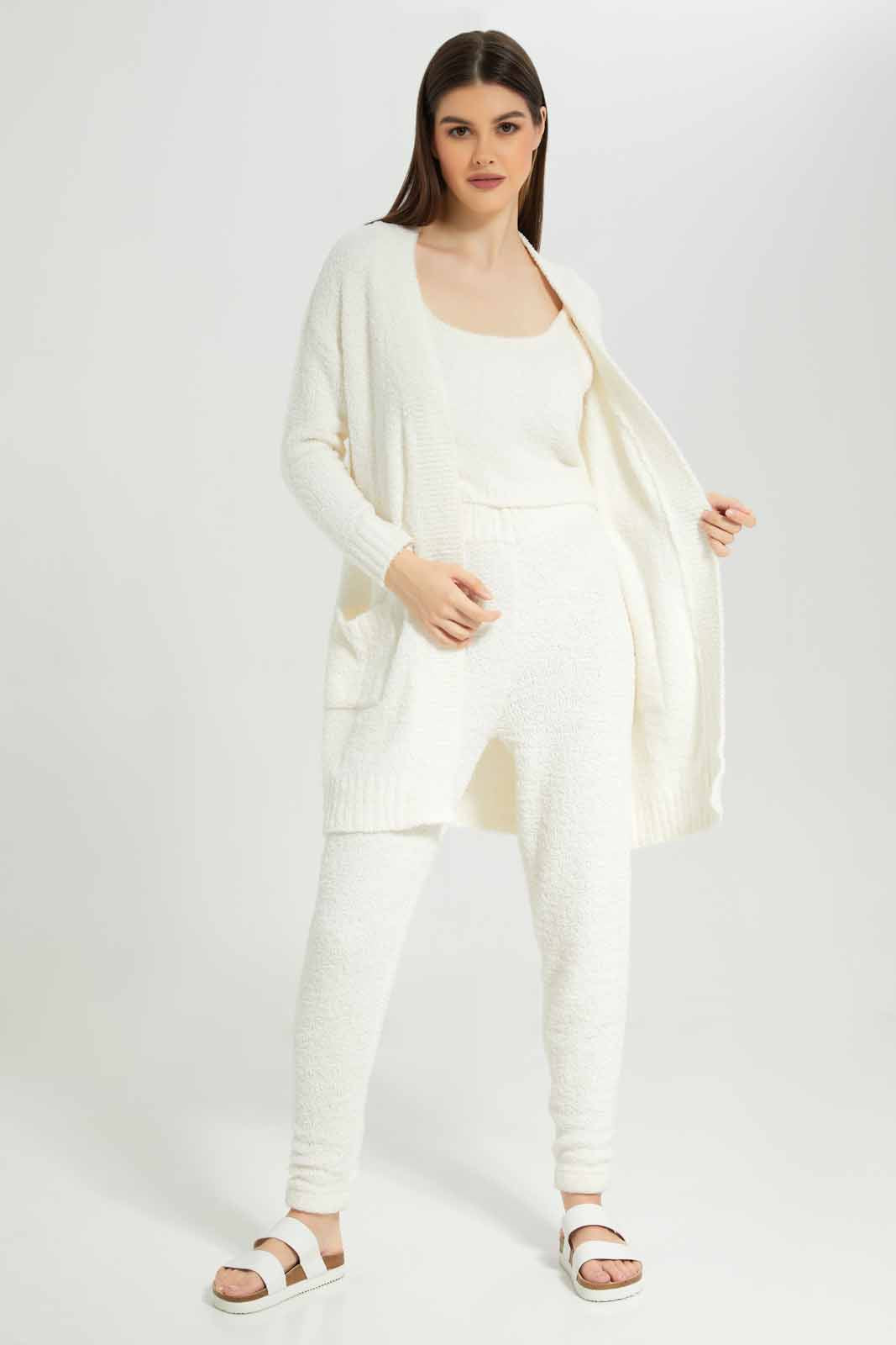 Women Ivory Shearling Long Cardigan