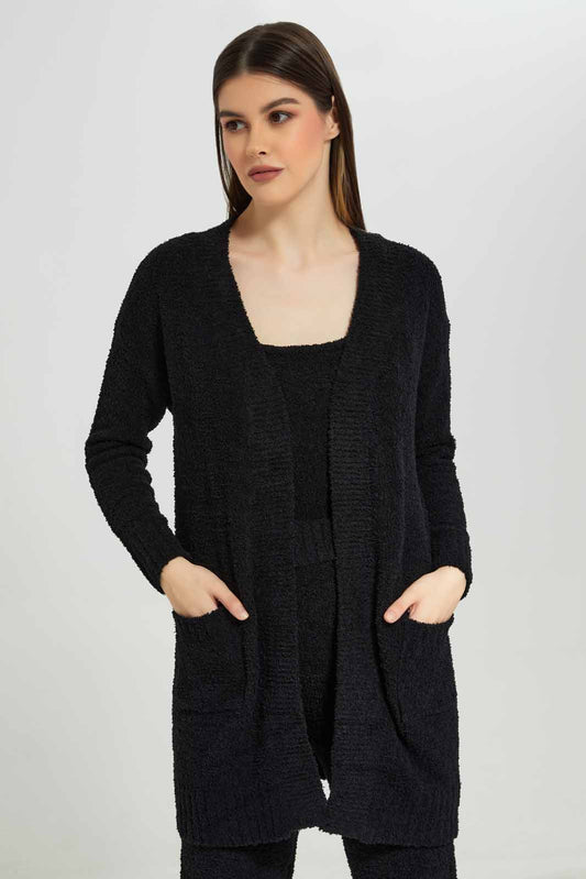 Women Black Shearling Long Cardigan