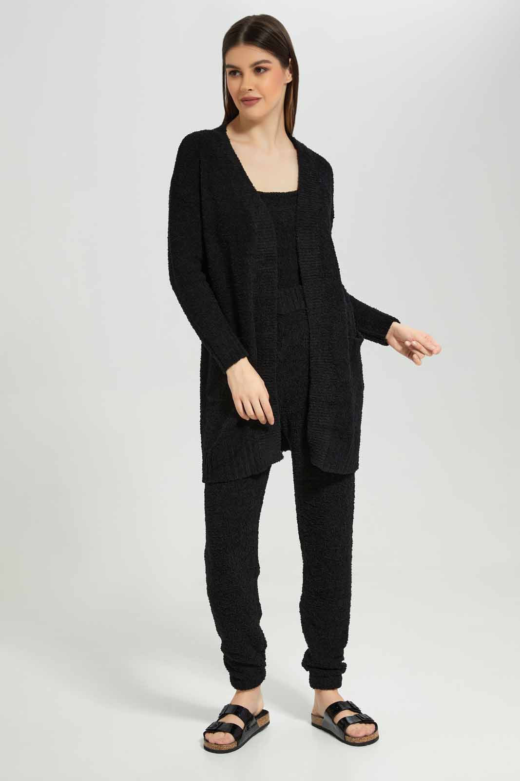 Women Black Shearling Long Cardigan