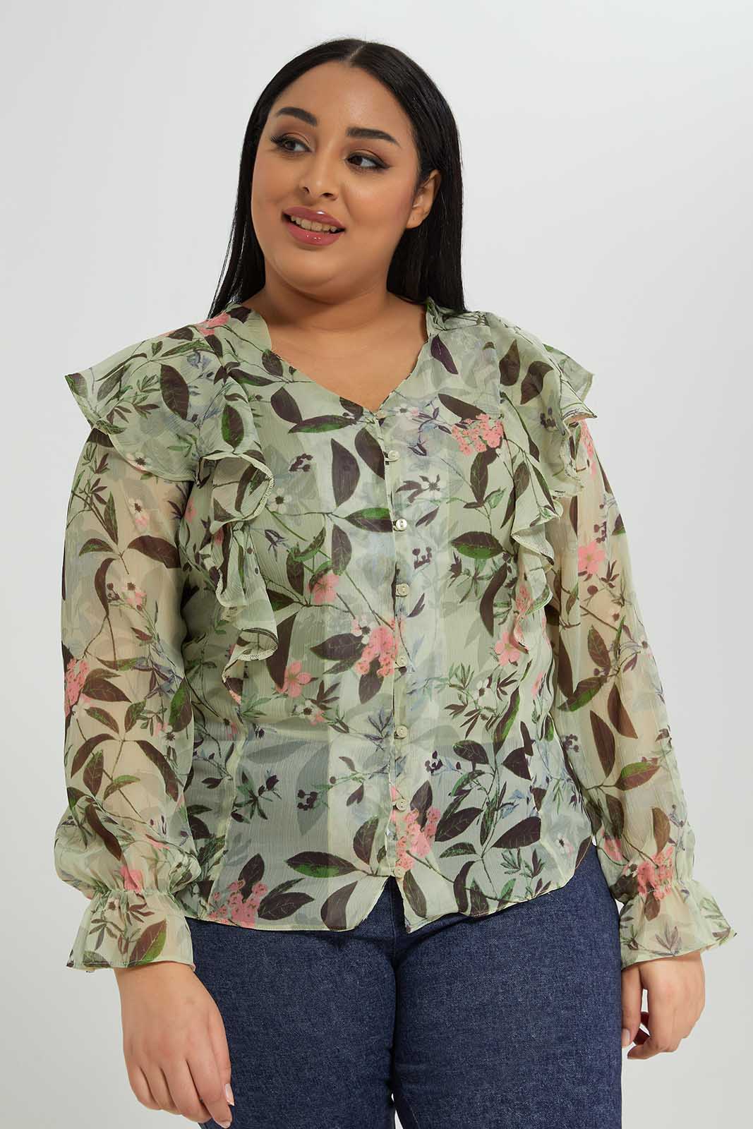 Women Green Floral Ruffle Blouse