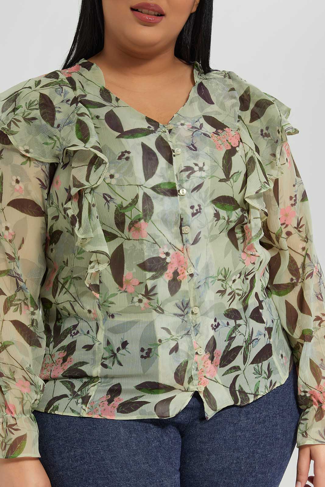 Women Green Floral Ruffle Blouse