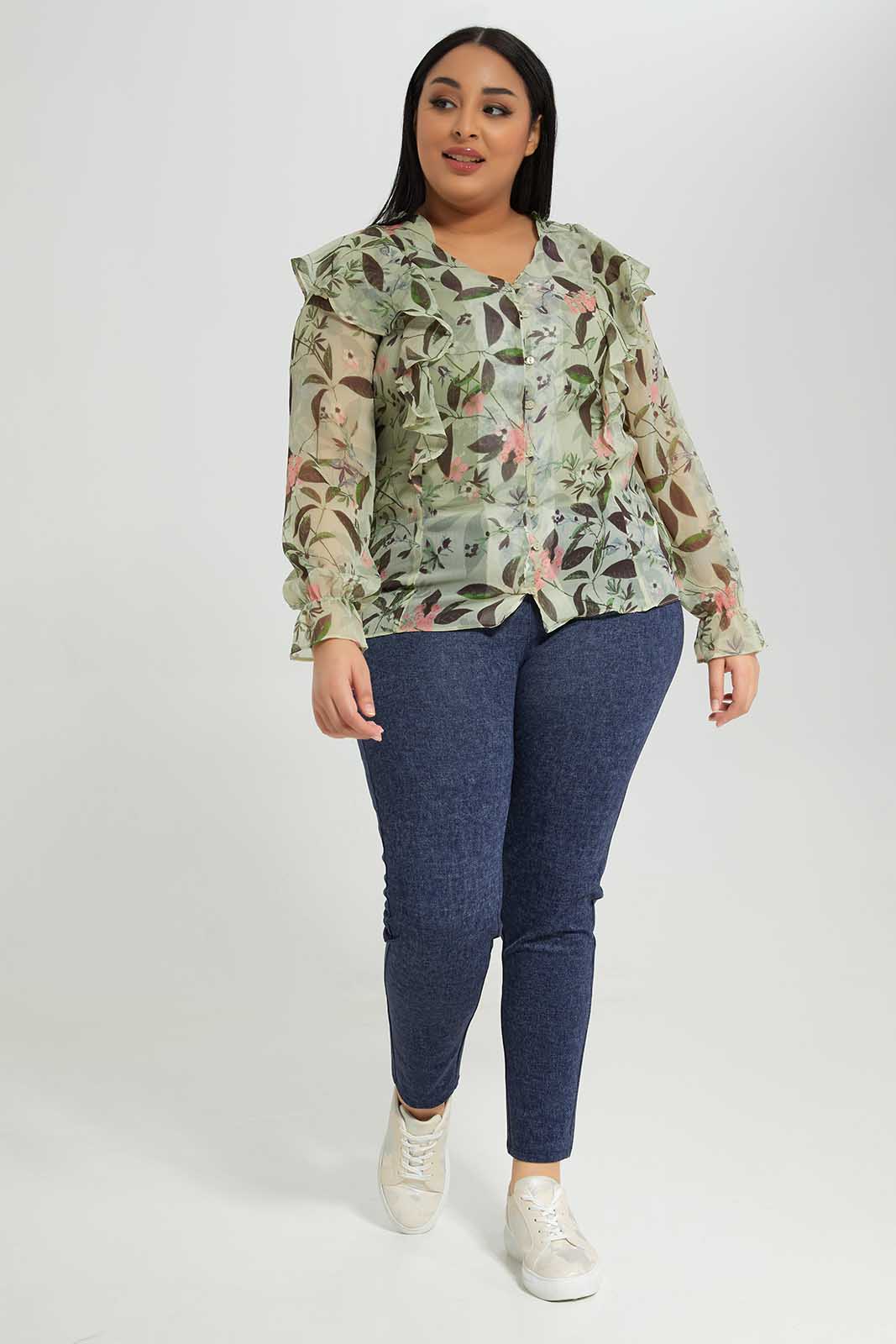 Women Green Floral Ruffle Blouse