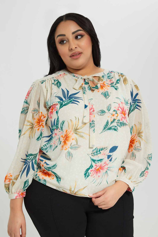Redtag-Printed-Tie-Neck-Blouse-Category:Blouses,-Colour:Assorted,-Deals:New-In,-Filter:Plus-Size,-LDP-Blouses,-New-In-LDP-APL,-Non-Sale,-Section:Women,-W22A-Women's-