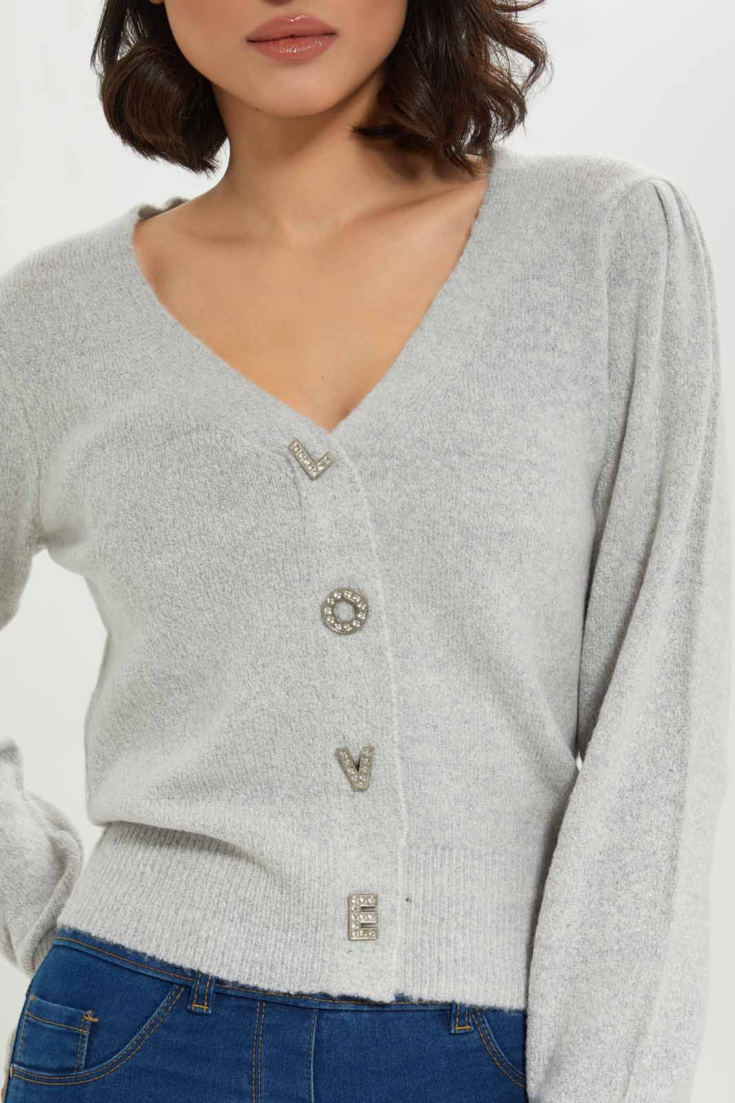 Redtag-Grey-Love-Detailed-Button-Front-Cardigan-Category:Cardigans,-Colour:Grey,-Deals:New-In,-Dept:Ladieswear,-Filter:Women's-Clothing,-New-In-Women-APL,-Non-Sale,-Section:Women,-W22B,-Women-Cardigans-Women's-