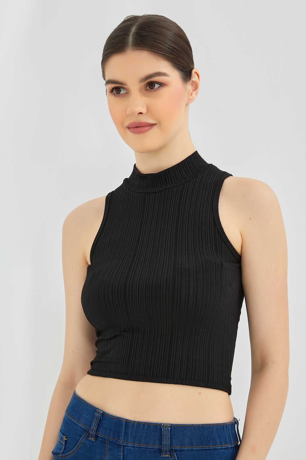 Redtag-Black-High-Neck-Ribbed-Vest-Category:Vests,-Colour:Black,-Deals:New-In,-Filter:Women's-Clothing,-New-In-Women-APL,-Non-Sale,-Section:Women,-W22B,-Women-Vests-Women's-