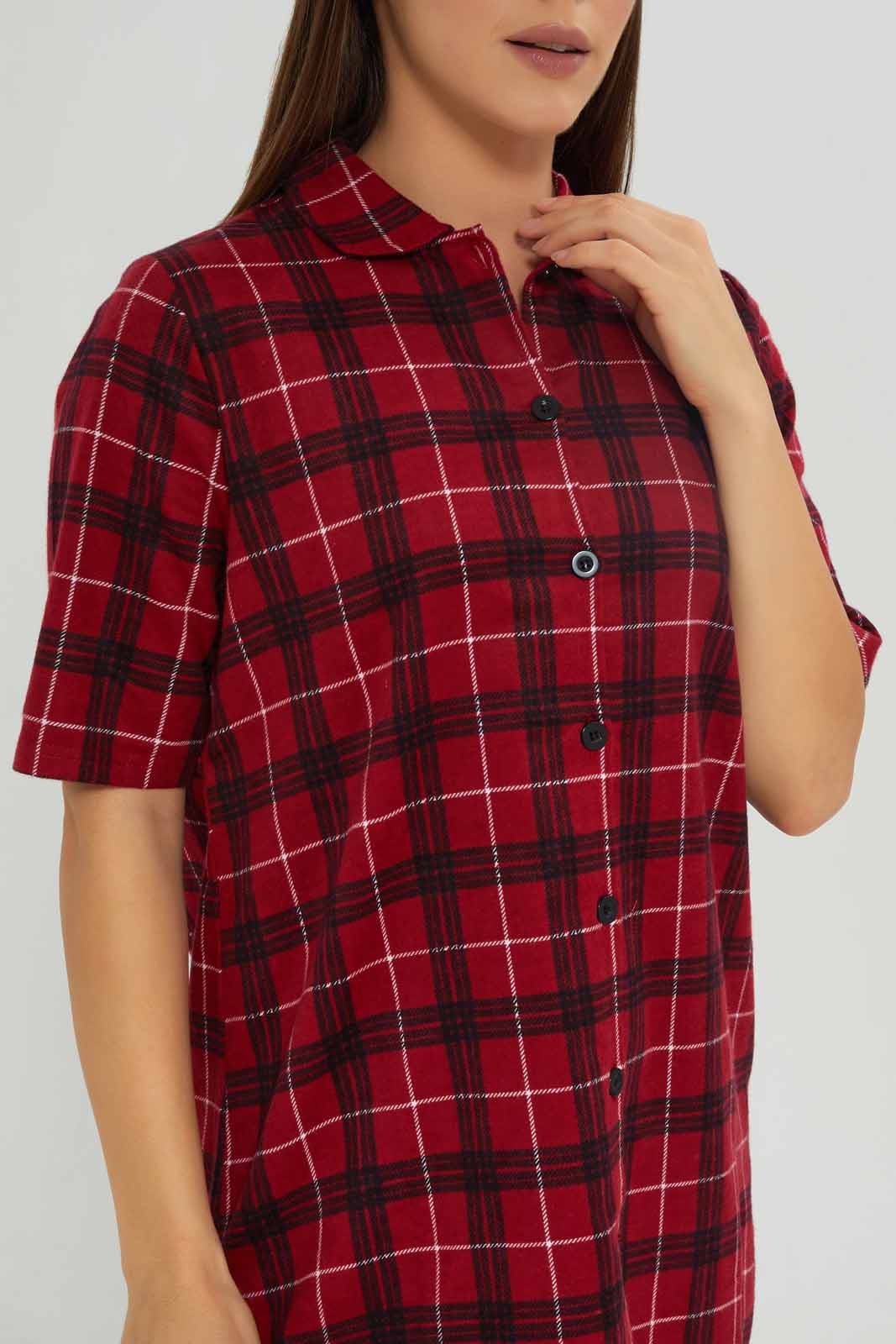 Redtag-Red-Woven-Cotton-Flannel-Nightshirt-Category:Nightshirts,-Colour:Red,-Deals:New-In,-Dept:Ladieswear,-Filter:Women's-Clothing,-New-In-Women-APL,-Non-Sale,-Section:Women,-W22A,-Women-Nightshirts--
