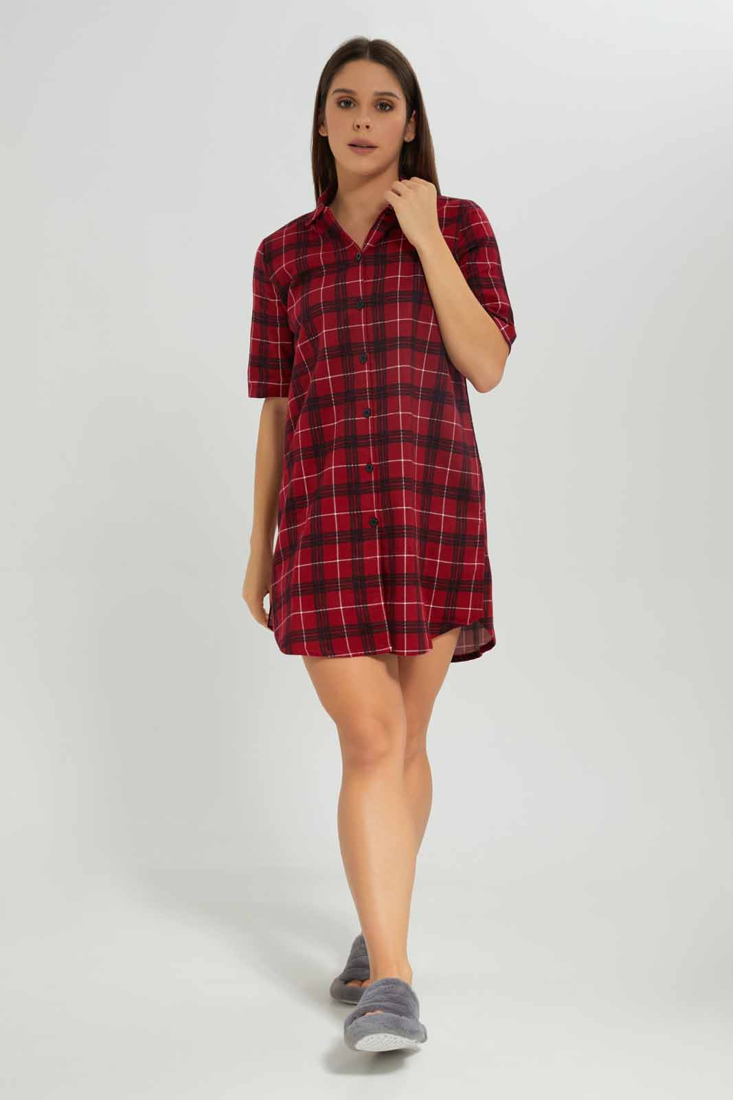 Redtag-Red-Woven-Cotton-Flannel-Nightshirt-Category:Nightshirts,-Colour:Red,-Deals:New-In,-Dept:Ladieswear,-Filter:Women's-Clothing,-New-In-Women-APL,-Non-Sale,-Section:Women,-W22A,-Women-Nightshirts--