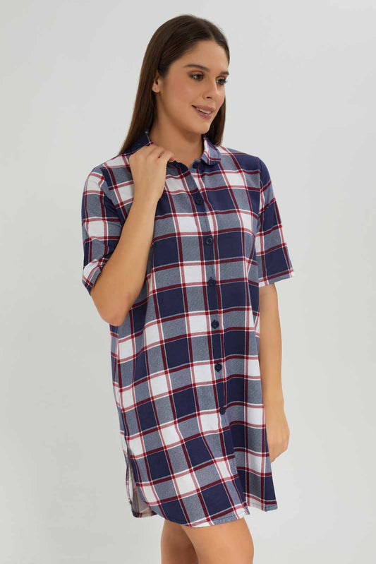 Redtag-Navy-Woven-Cotton-Flannel-Nightshirt-Category:Nightshirts,-Colour:Navy,-Deals:New-In,-Dept:Ladieswear,-Filter:Women's-Clothing,-New-In-Women-APL,-Non-Sale,-Section:Women,-W22A,-Women-Nightshirts--