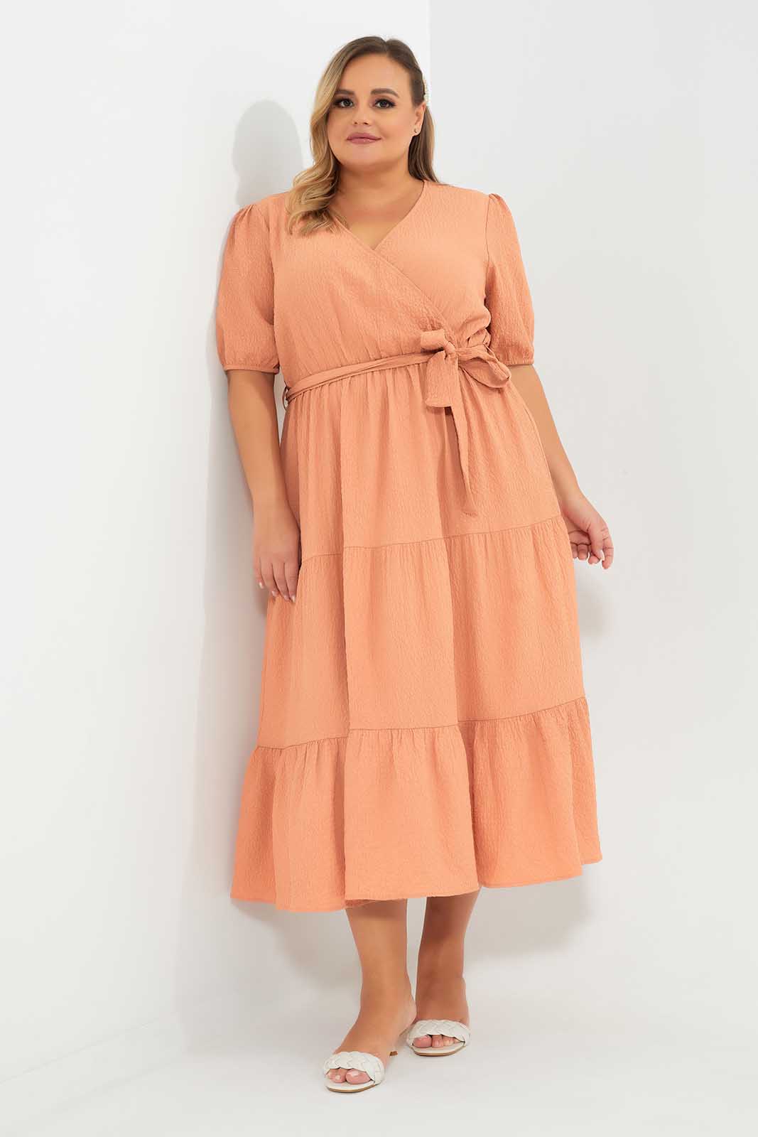 Redtag-Tiered-Long-Dress-Category:Dresses,-Colour:Apricot,-Deals:New-In,-Filter:Plus-Size,-LDP-Dresses,-New-In-LDP-APL,-Non-Sale,-Section:Women,-W22A-Women's-