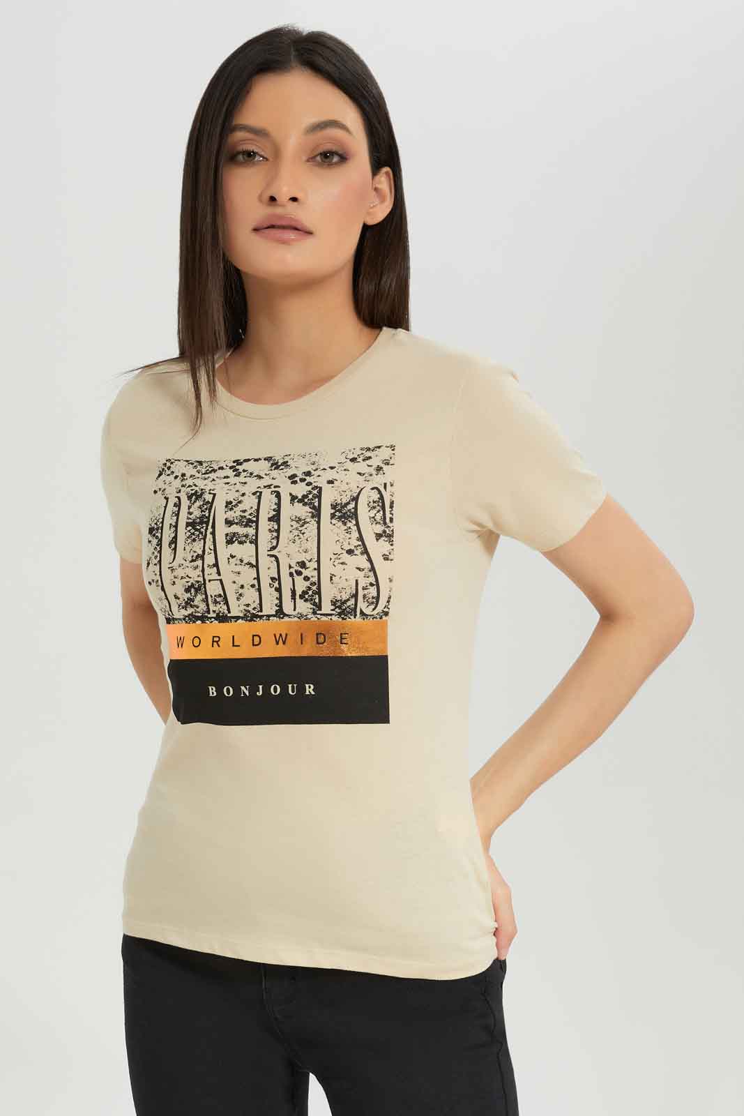 Redtag-Beige-Printed-T-Shirt-Category:T-Shirts,-Colour:Beige,-Deals:New-In,-Dept:Ladieswear,-Filter:Women's-Clothing,-New-In-Women-APL,-Non-Sale,-Section:Women,-TBL,-W22A,-Women-T-Shirts-Women's-
