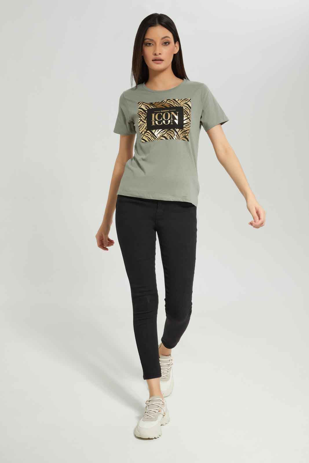 Redtag-Dark-Green-Printed-T-Shirt-Category:T-Shirts,-Colour:Olive,-Deals:New-In,-Dept:Ladieswear,-Filter:Women's-Clothing,-New-In-Women-APL,-Non-Sale,-Section:Women,-TBL,-W22A,-Women-T-Shirts-Women's-