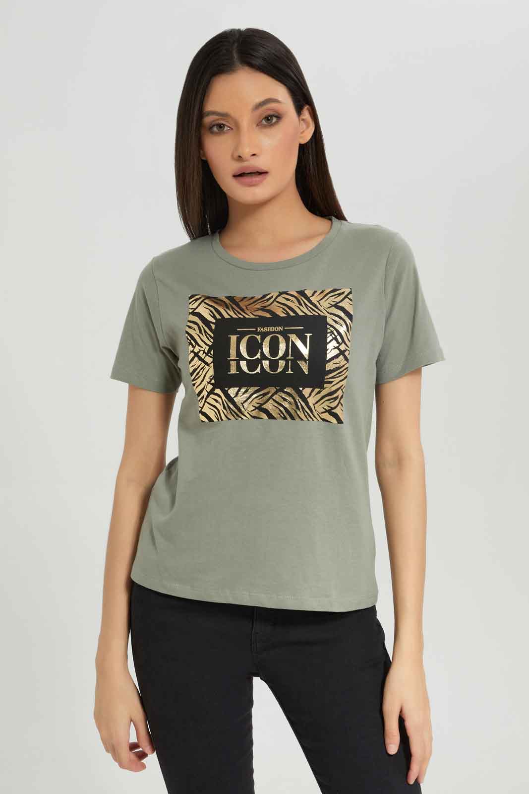 Redtag-Dark-Green-Printed-T-Shirt-Category:T-Shirts,-Colour:Olive,-Deals:New-In,-Dept:Ladieswear,-Filter:Women's-Clothing,-New-In-Women-APL,-Non-Sale,-Section:Women,-TBL,-W22A,-Women-T-Shirts-Women's-