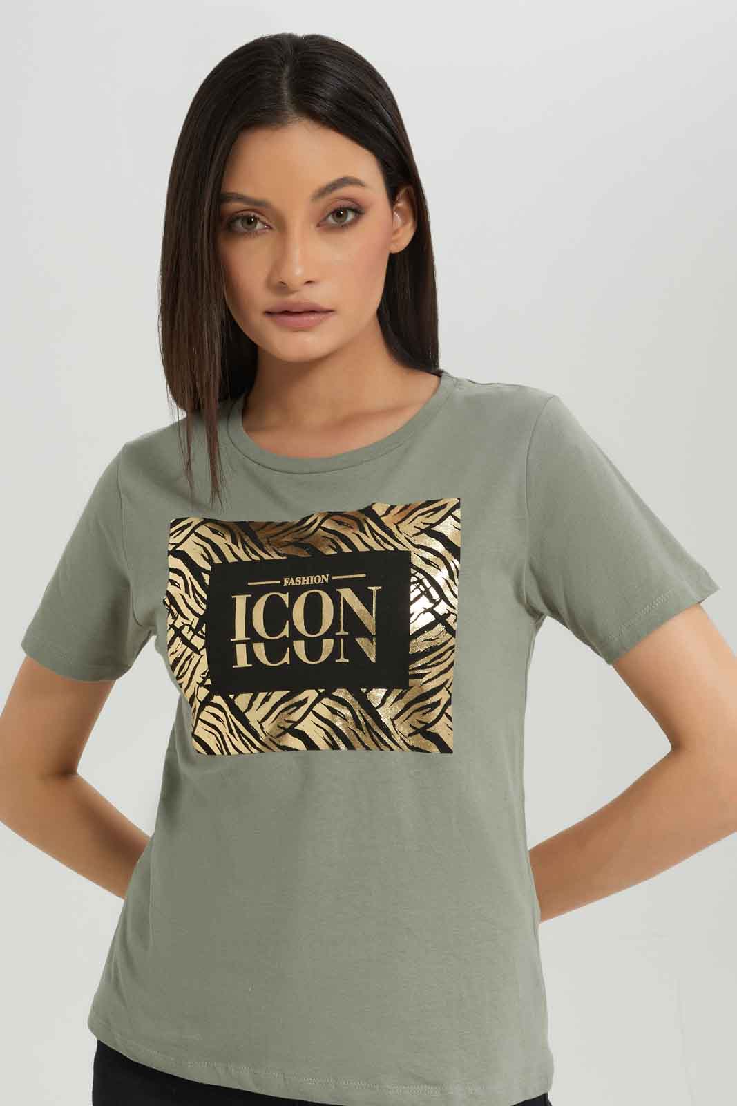 Redtag-Dark-Green-Printed-T-Shirt-Category:T-Shirts,-Colour:Olive,-Deals:New-In,-Dept:Ladieswear,-Filter:Women's-Clothing,-New-In-Women-APL,-Non-Sale,-Section:Women,-TBL,-W22A,-Women-T-Shirts-Women's-