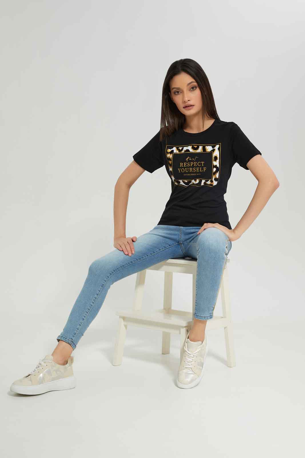Redtag-Black-Emblished-T-Shirt-Category:T-Shirts,-Colour:Black,-Deals:New-In,-Dept:Ladieswear,-Filter:Women's-Clothing,-New-In-Women-APL,-Non-Sale,-Section:Women,-TBL,-W22A,-Women-T-Shirts-Women's-