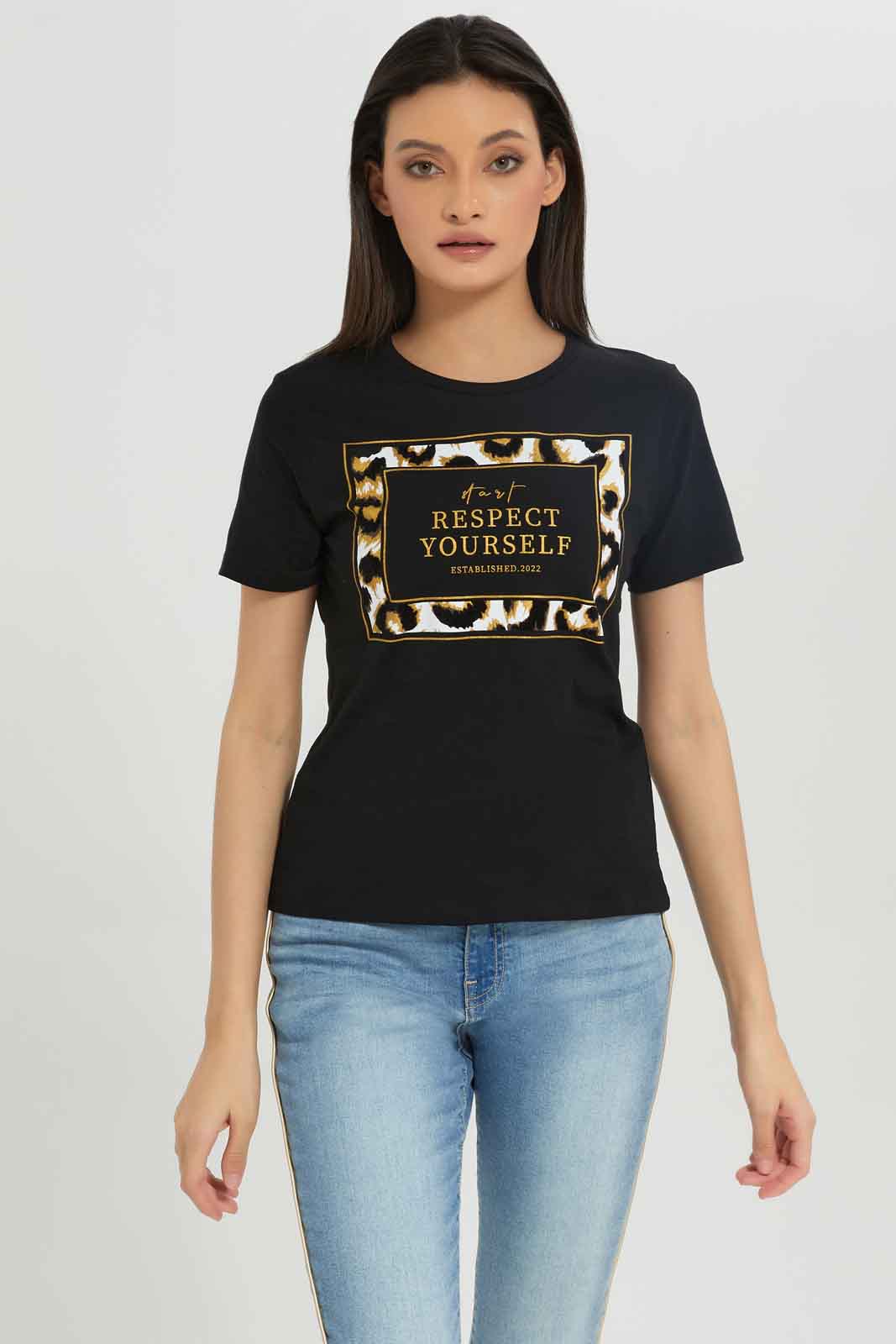 Redtag-Black-Emblished-T-Shirt-Category:T-Shirts,-Colour:Black,-Deals:New-In,-Dept:Ladieswear,-Filter:Women's-Clothing,-New-In-Women-APL,-Non-Sale,-Section:Women,-TBL,-W22A,-Women-T-Shirts-Women's-