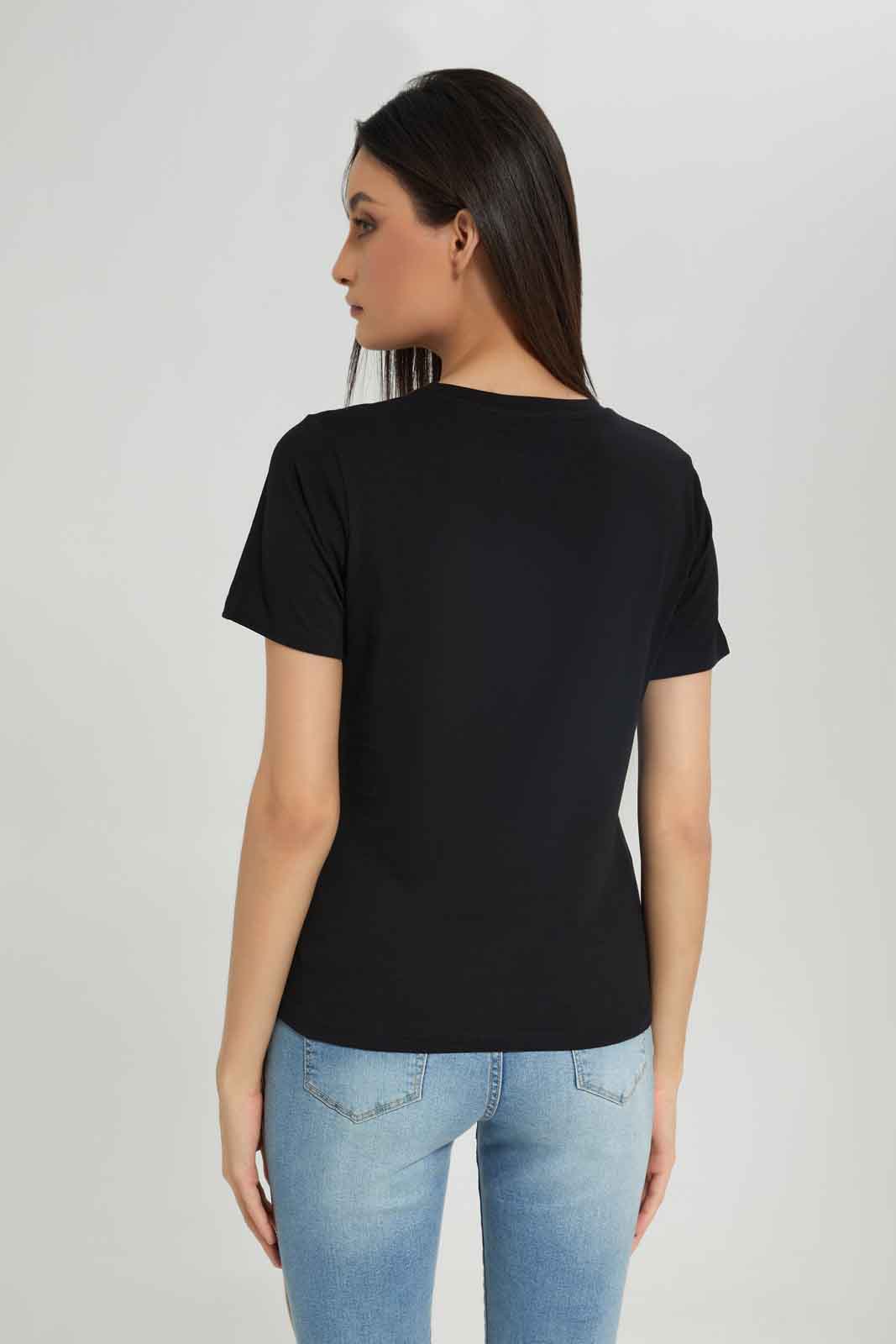 Redtag-Black-Emblished-T-Shirt-Category:T-Shirts,-Colour:Black,-Deals:New-In,-Dept:Ladieswear,-Filter:Women's-Clothing,-New-In-Women-APL,-Non-Sale,-Section:Women,-TBL,-W22A,-Women-T-Shirts-Women's-
